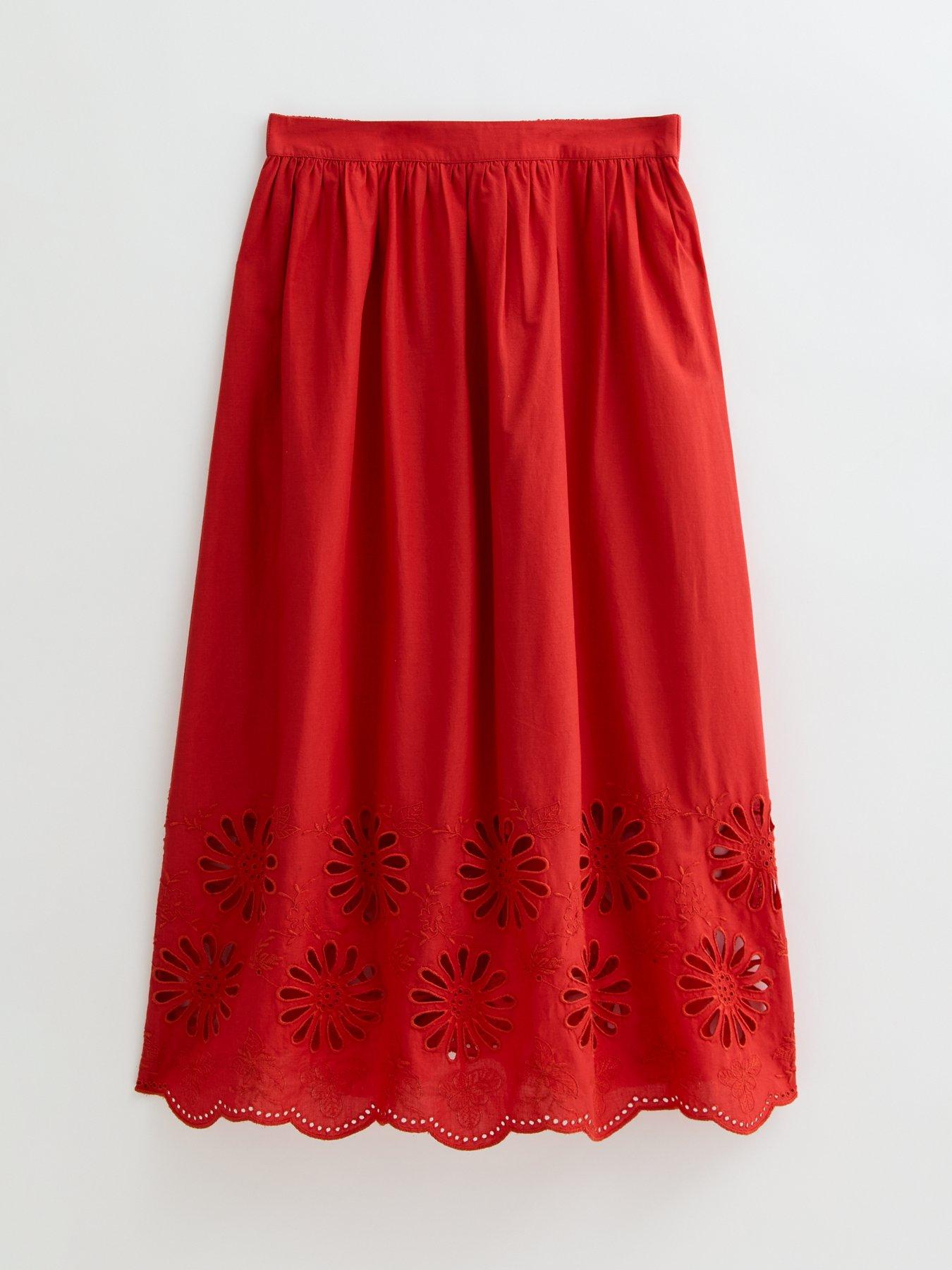 Image 5 of 5 of New Look Red Embroidered Cutout Hem Midi Skirt