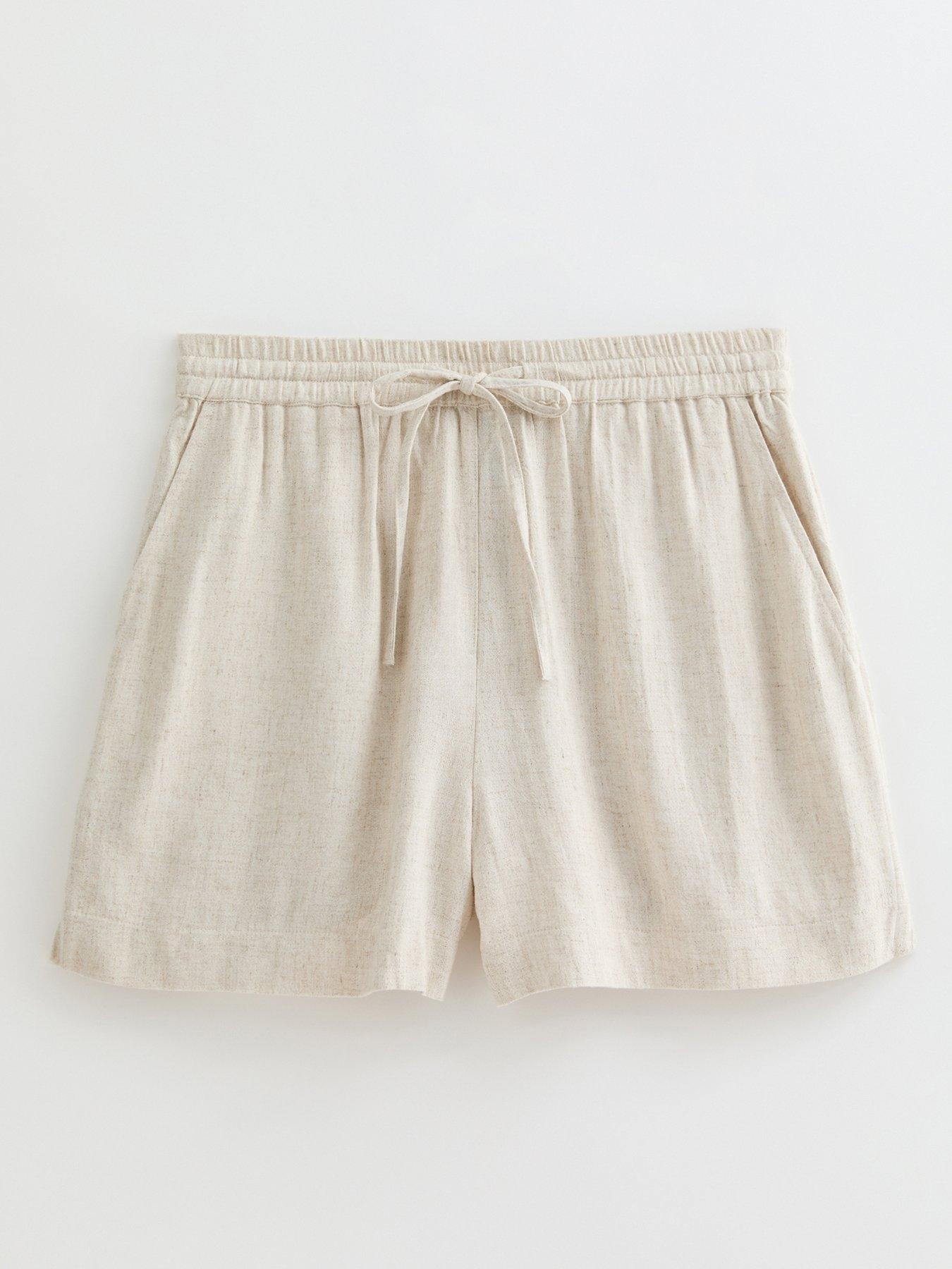 Light Beige Eyelet Embroidered Lace Trim Ruffled Mid-Rise Linen Shorts main image 1