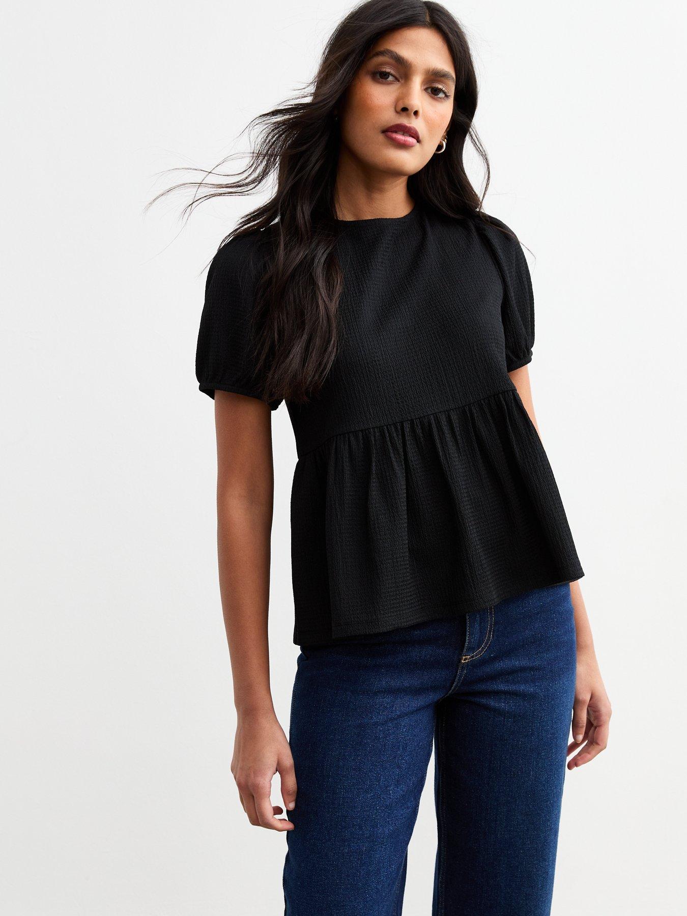 undefined Black Crinkled Jersey Tie Back Peplum Top