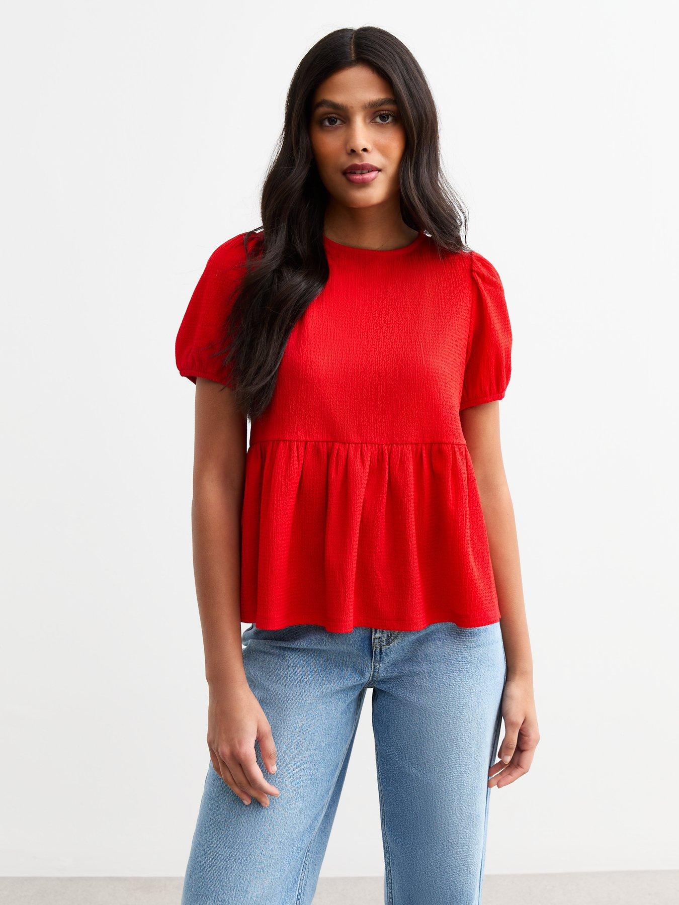 undefined Red Crinkled Jersey Tie Back Peplum Top