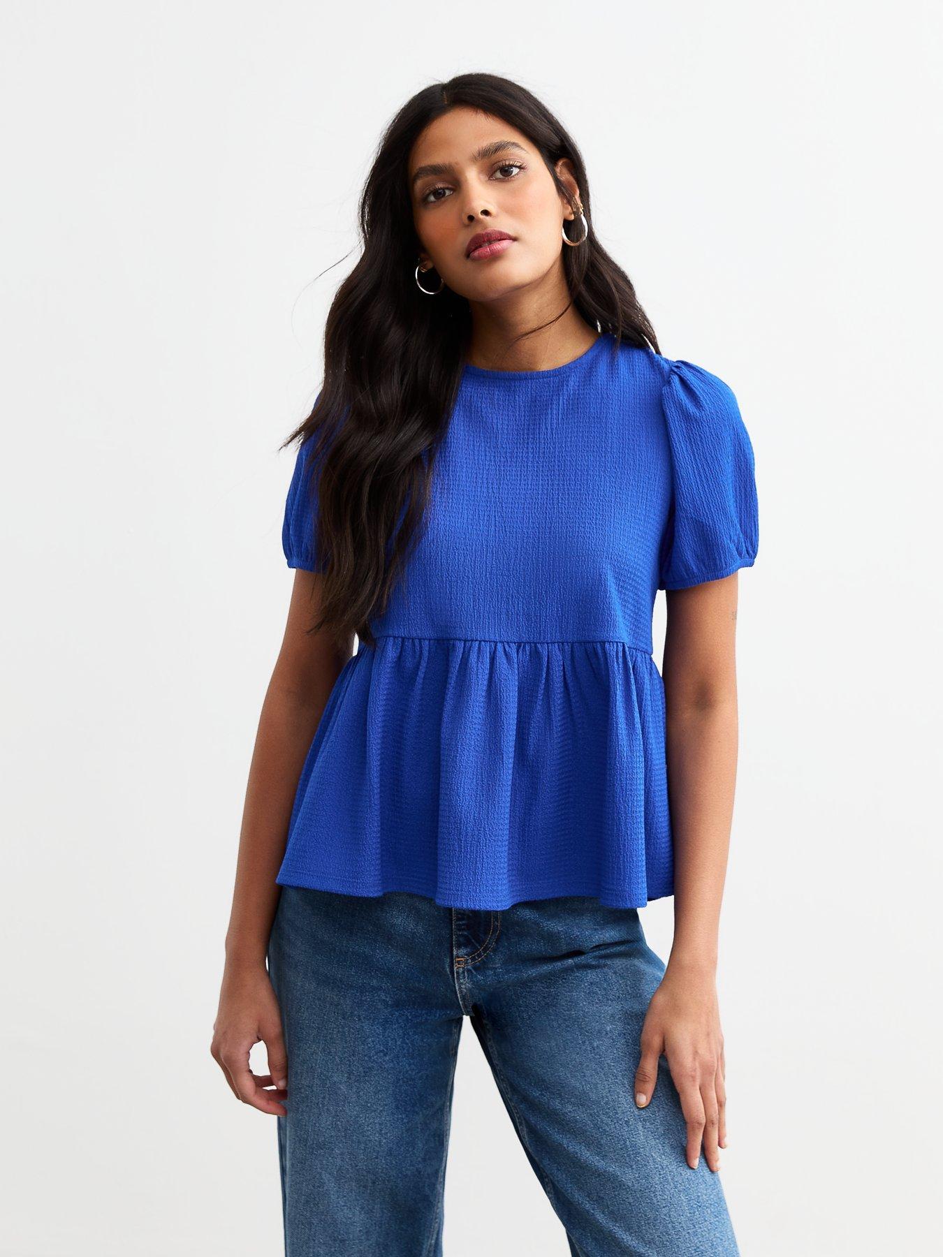 undefined Bright Blue Crinkled Jersey Tie Back Peplum Top