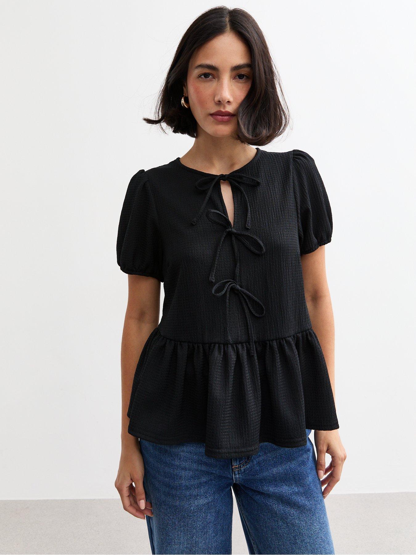 undefined Crinkle Texture Tie Front Smock Top - Black