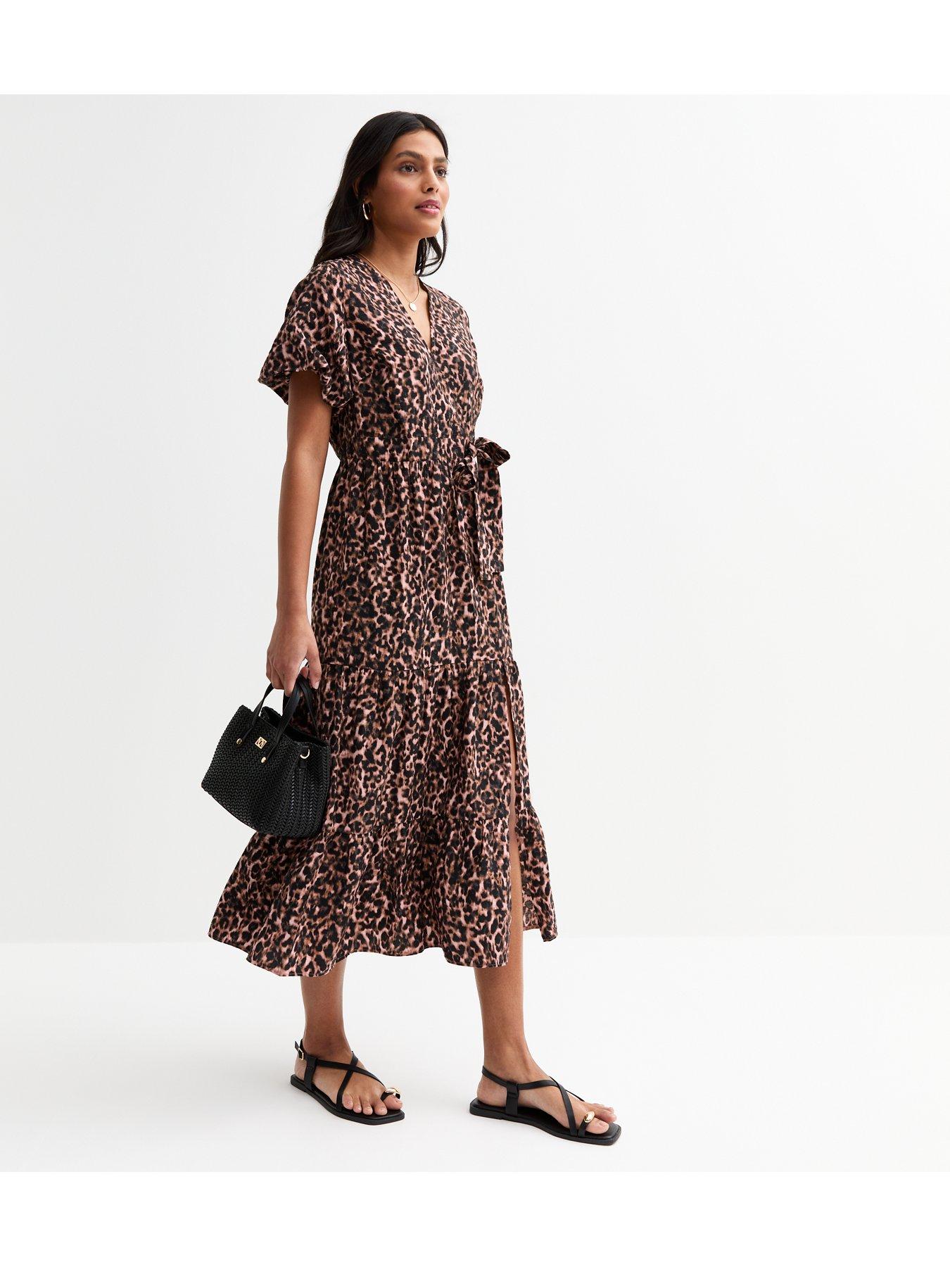 Image 3 of 5 of New Look Lia Leopard Tier Wrap Midi - Brown