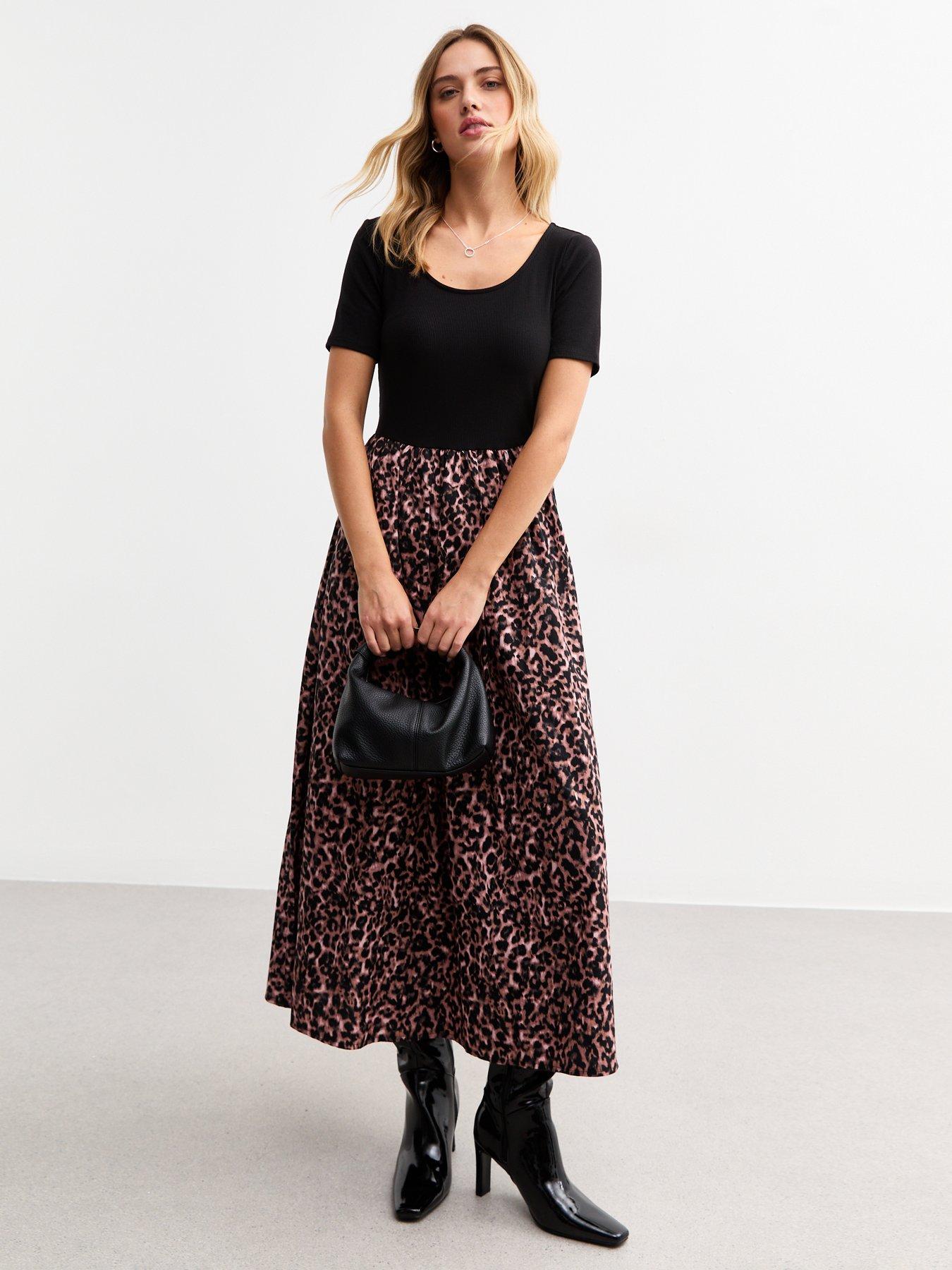 Image 1 of 5 of New Look Black 2 In 1 Leopard Print Midi Dress - Brown