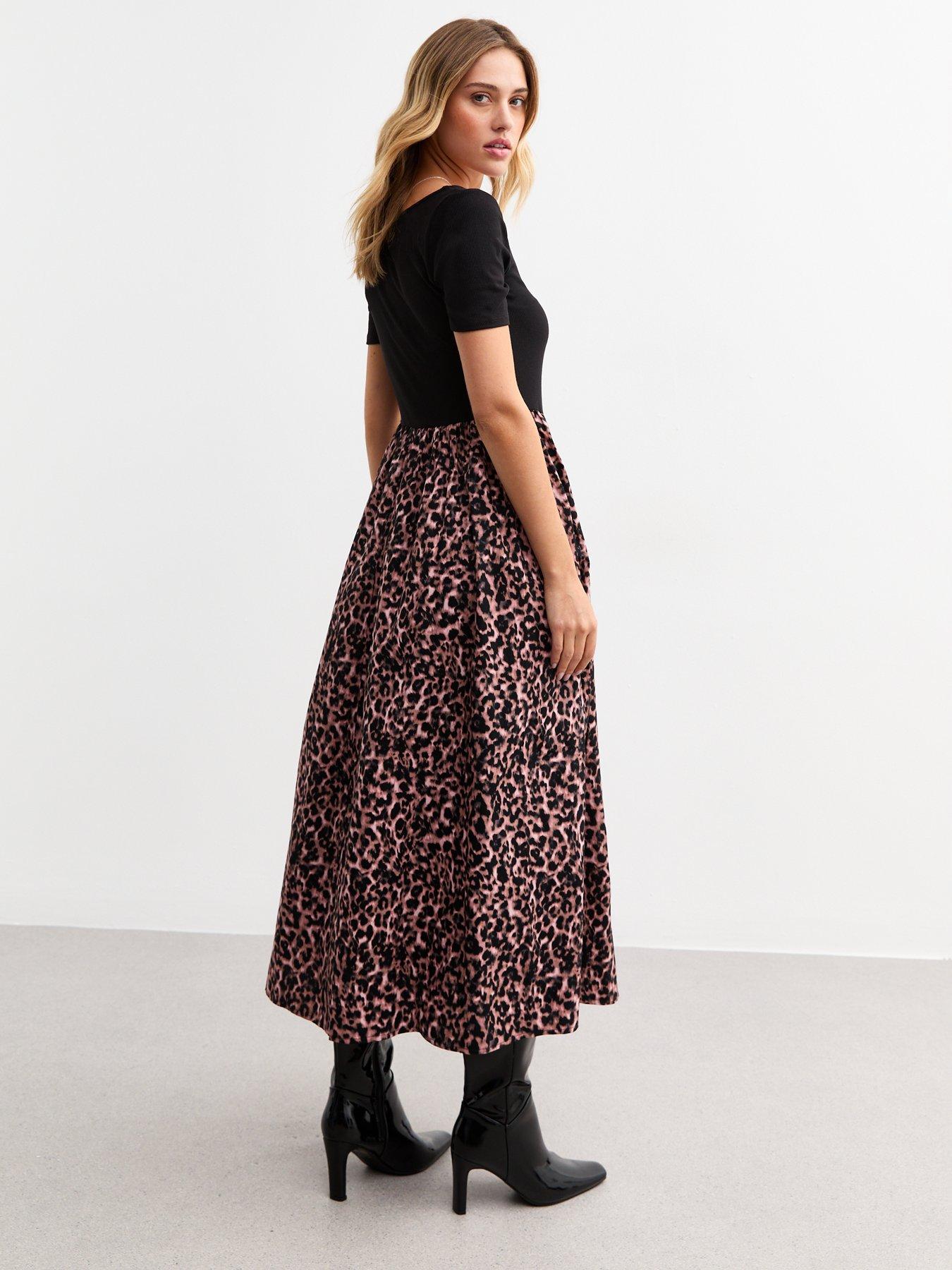 Image 2 of 5 of New Look Black 2 In 1 Leopard Print Midi Dress - Brown