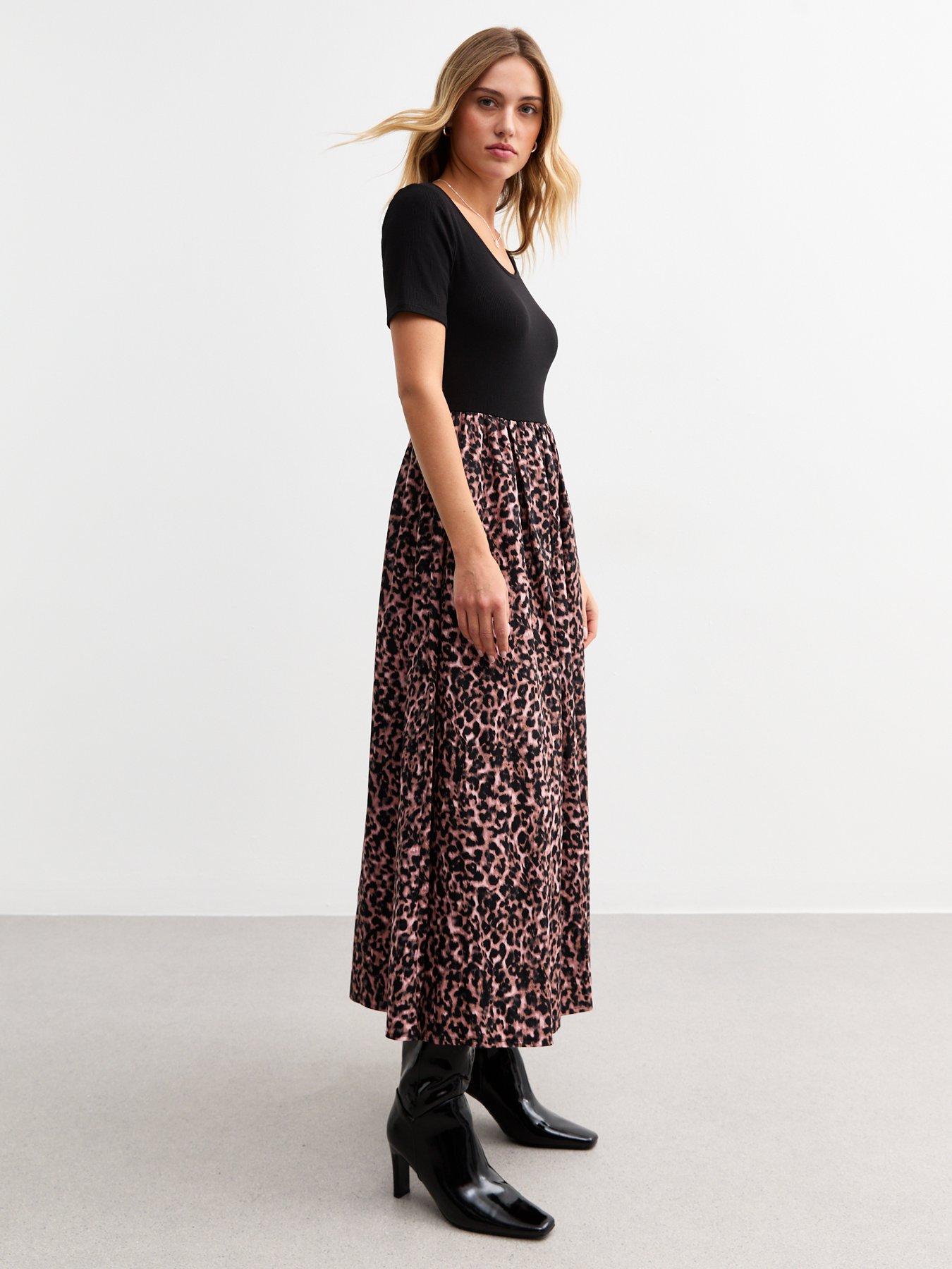 Image 3 of 5 of New Look Black 2 In 1 Leopard Print Midi Dress - Brown