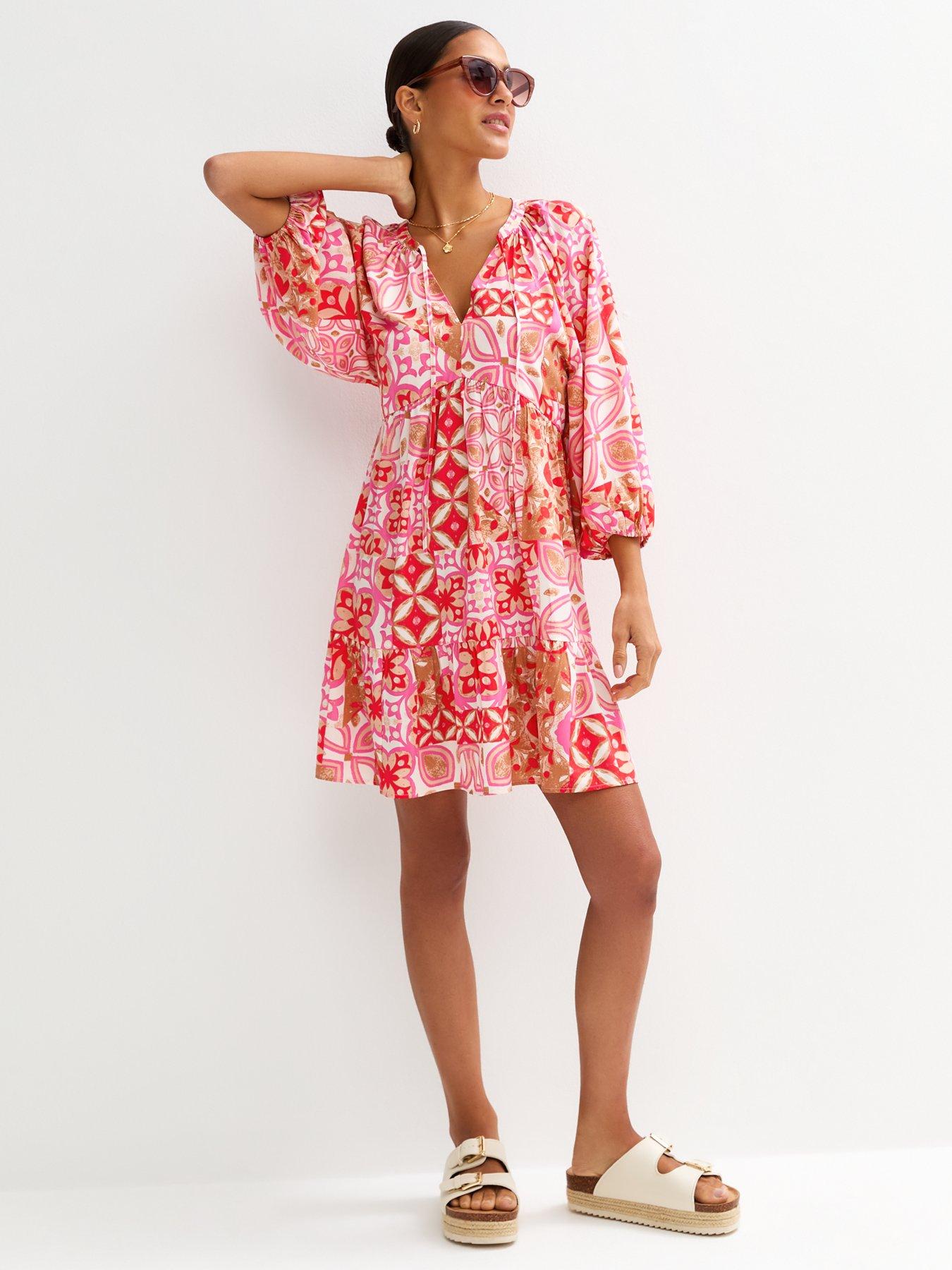 undefined Tile Print Smock Mini Dress - Pink