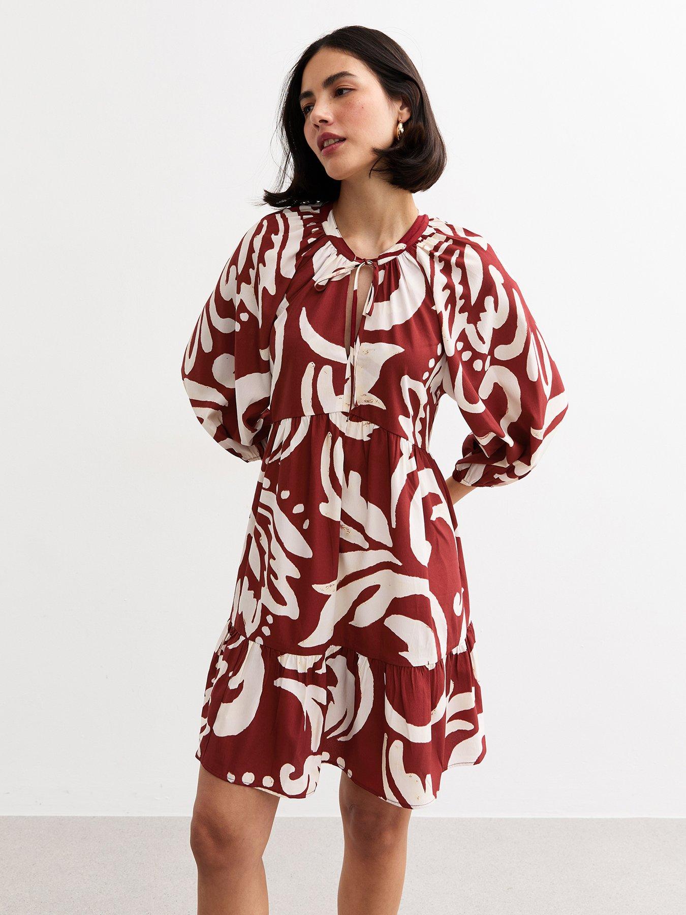 undefined Red Abstract Print Tiered Smock Mini Dress