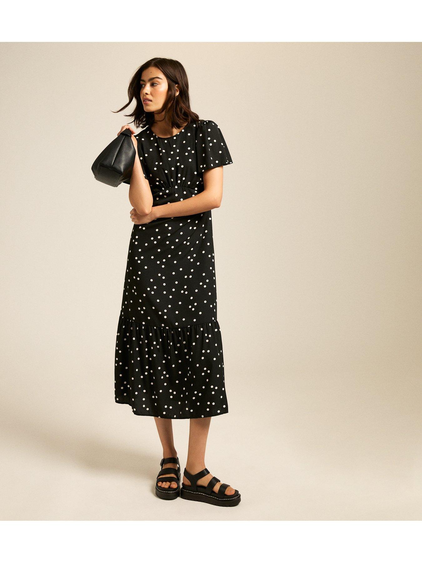 undefined Spot Print Frill Sleeve Midi Dress - Black