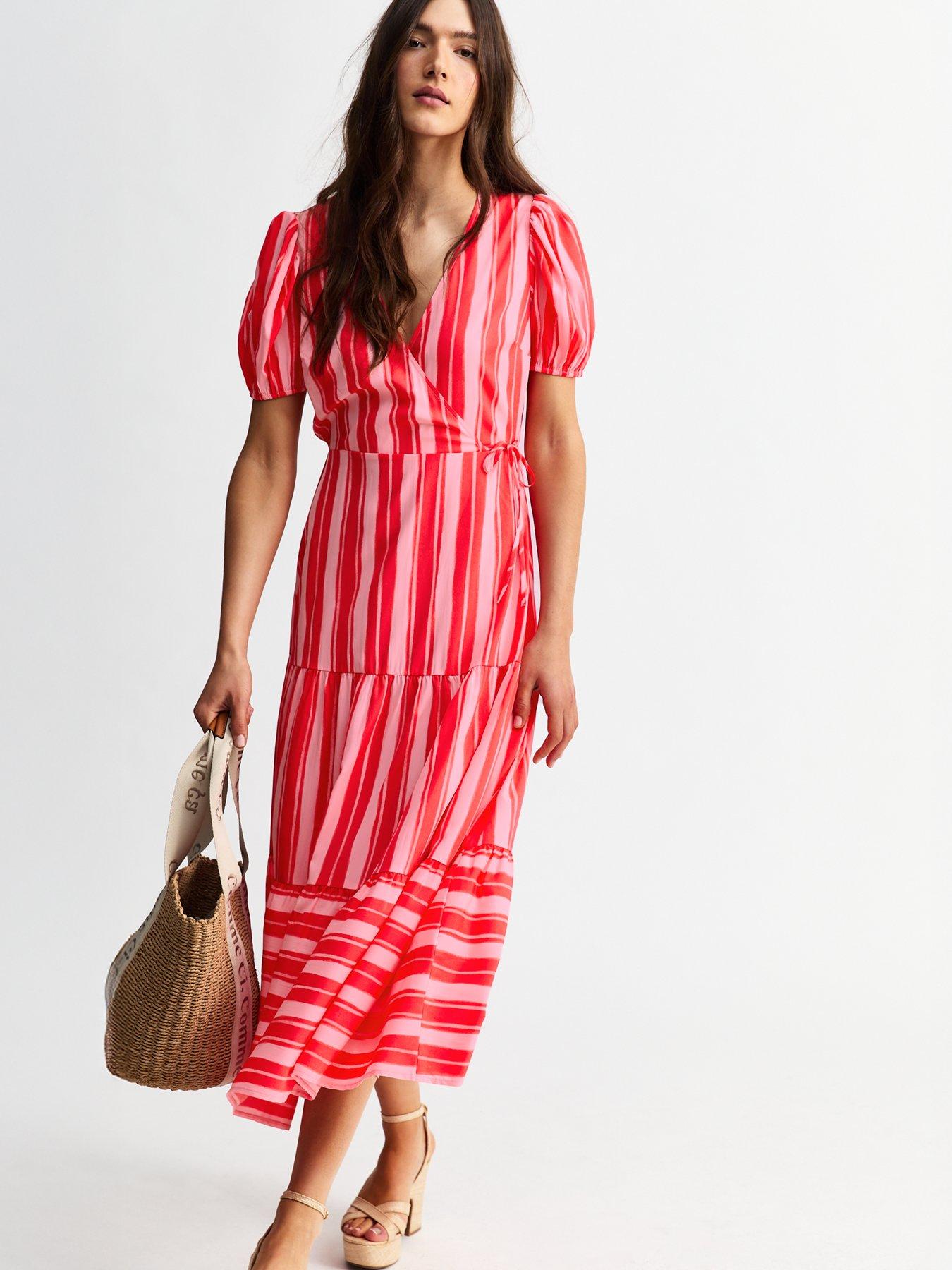 Image 1 of 4 of New Look Pink Striped Wrap Midi Dress