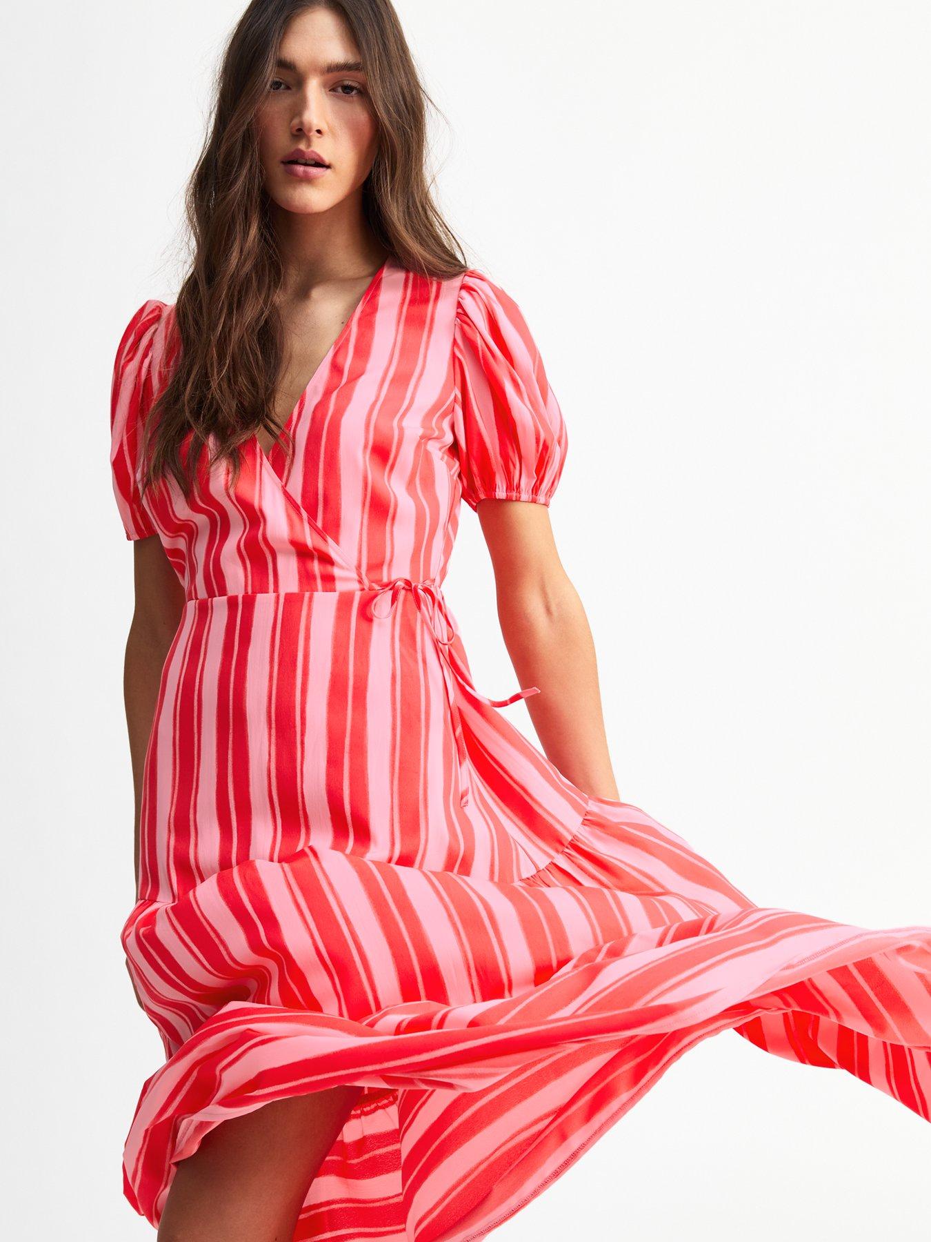 Image 3 of 4 of New Look Pink Striped Wrap Midi Dress