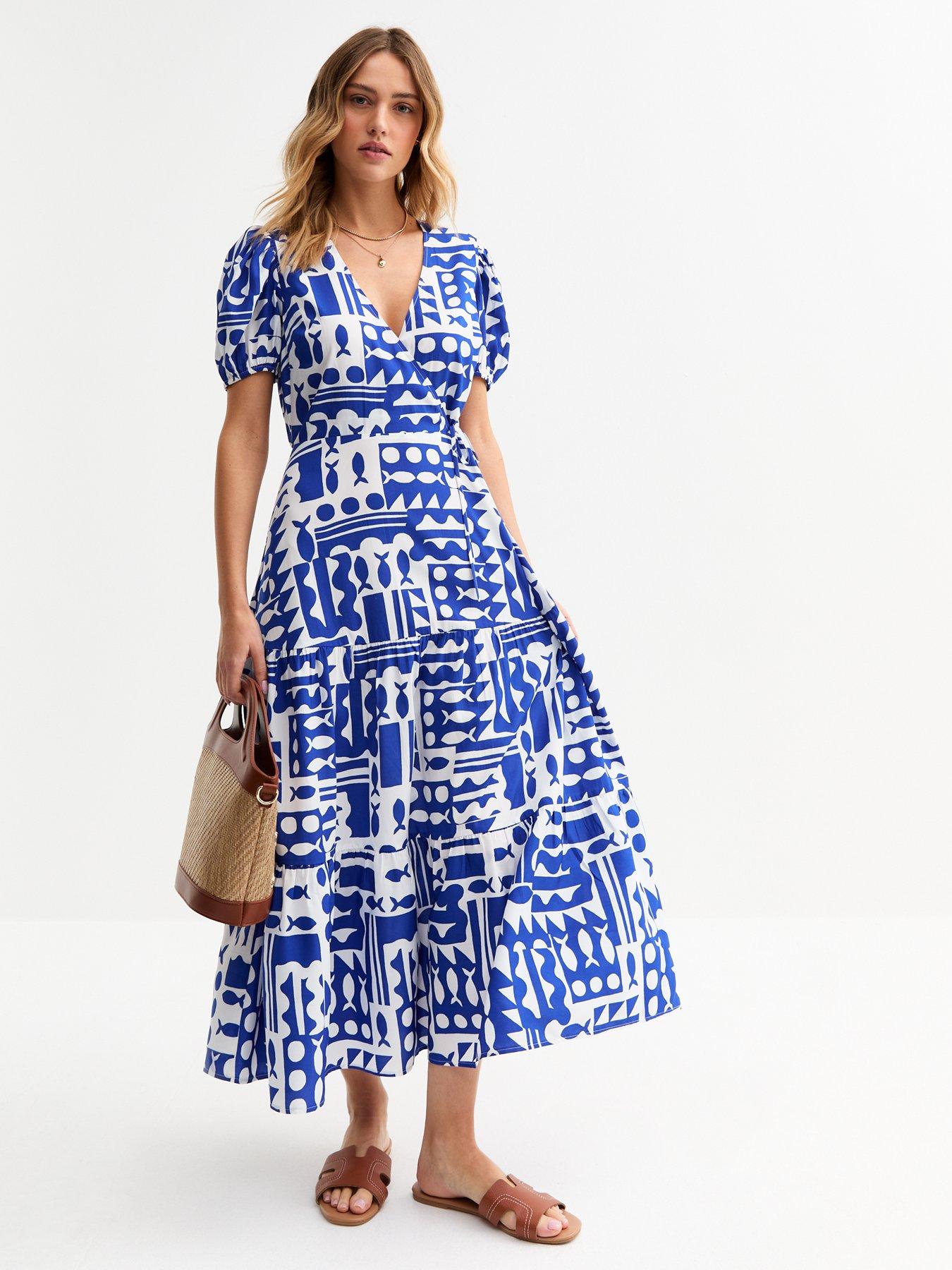 undefined Blue Fish Print Wrap Midi Dress