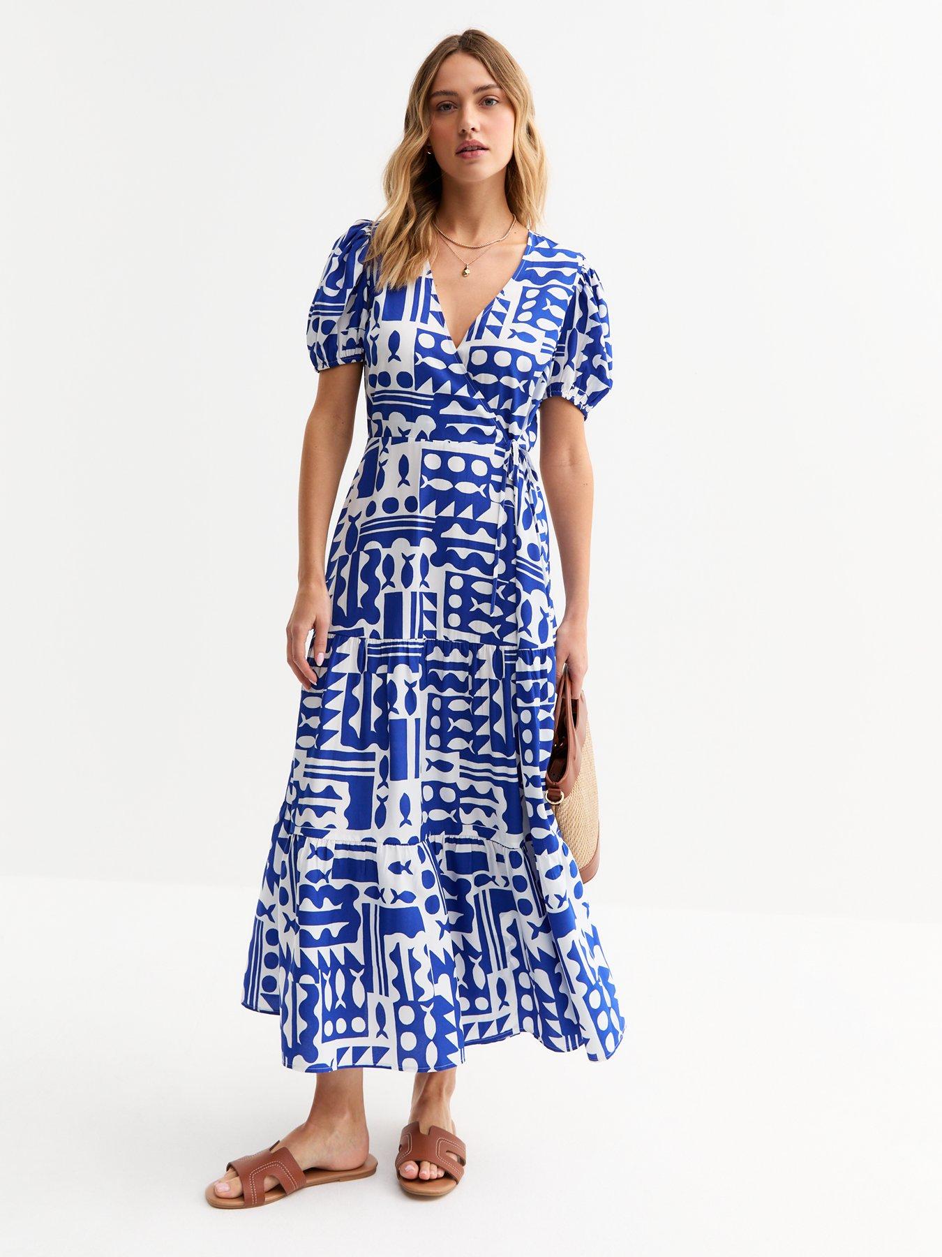 Image 3 of 5 of New Look Blue Fish Print Wrap Midi Dress