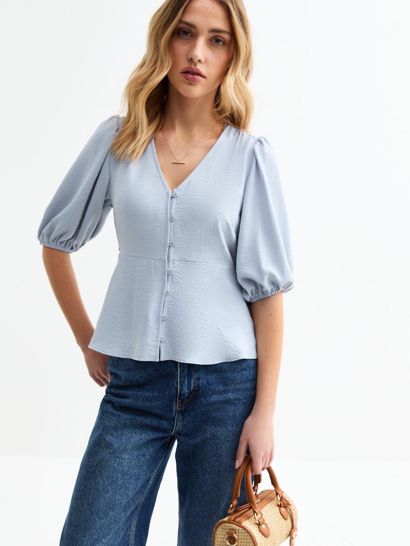 undefined Blue V-neck Button Front Top