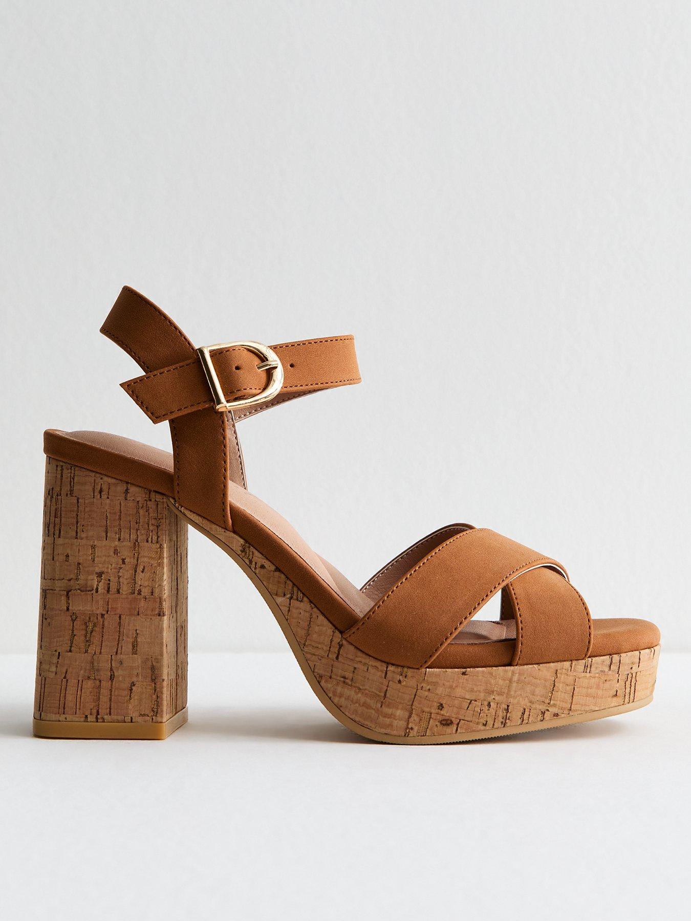 undefined Faux Suede Cork Platform Heeled Sandals - Brown