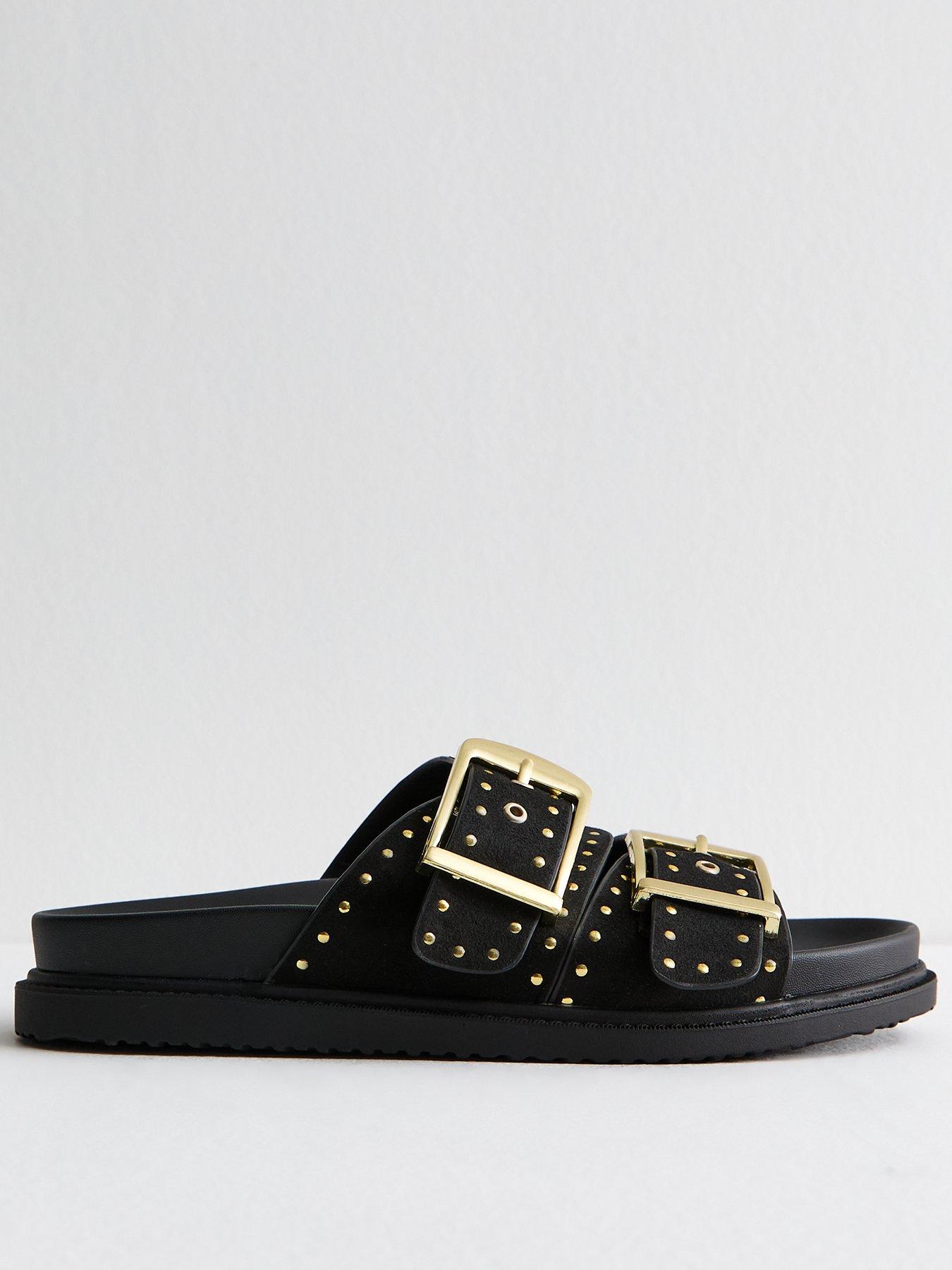 undefined Black Faux Leather Studded Buckled Strap Sandals