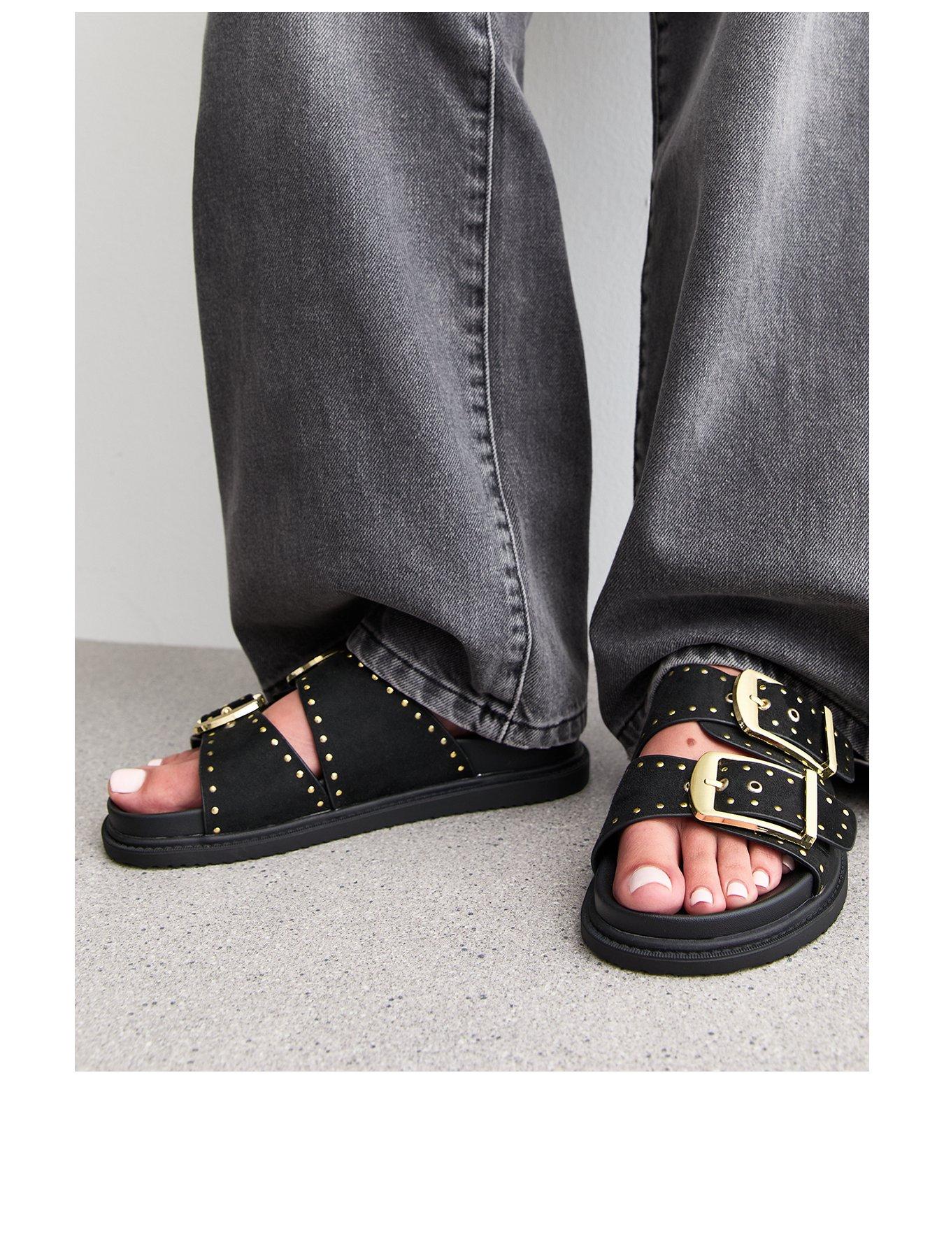 Image 2 of 6 of New Look Black Faux Leather Studded Buckled Strap Sandals