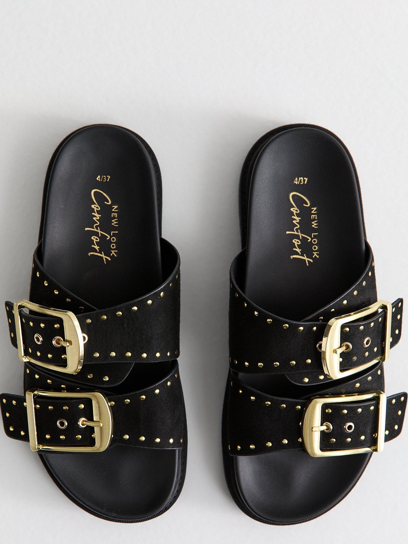 Image 4 of 6 of New Look Black Faux Leather Studded Buckled Strap Sandals