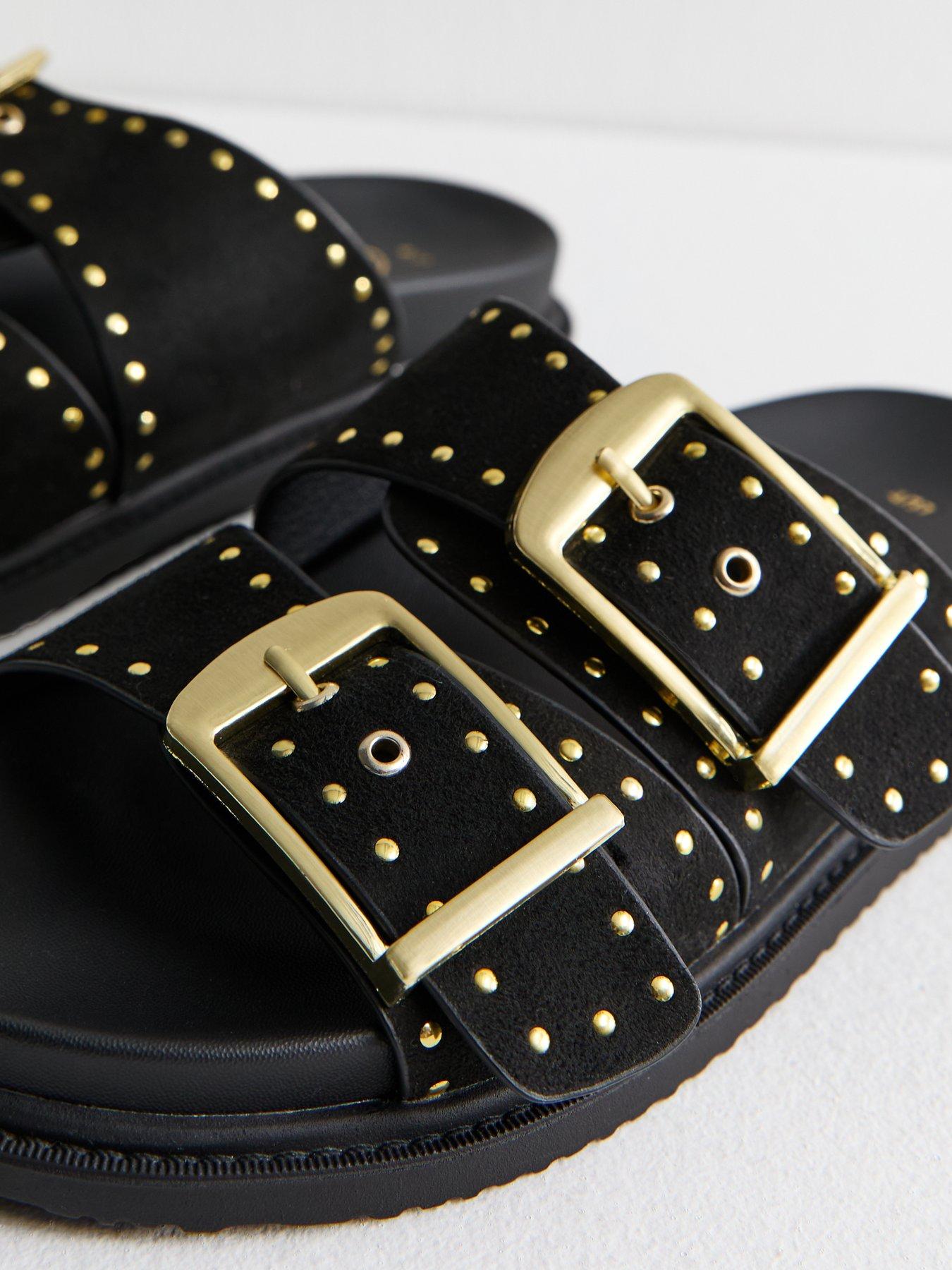 Image 5 of 6 of New Look Black Faux Leather Studded Buckled Strap Sandals