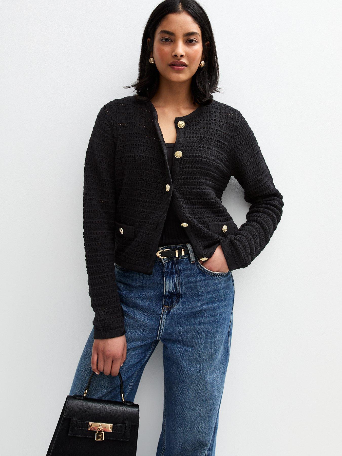 undefined Open Knit Button Detail Cardigan - Black