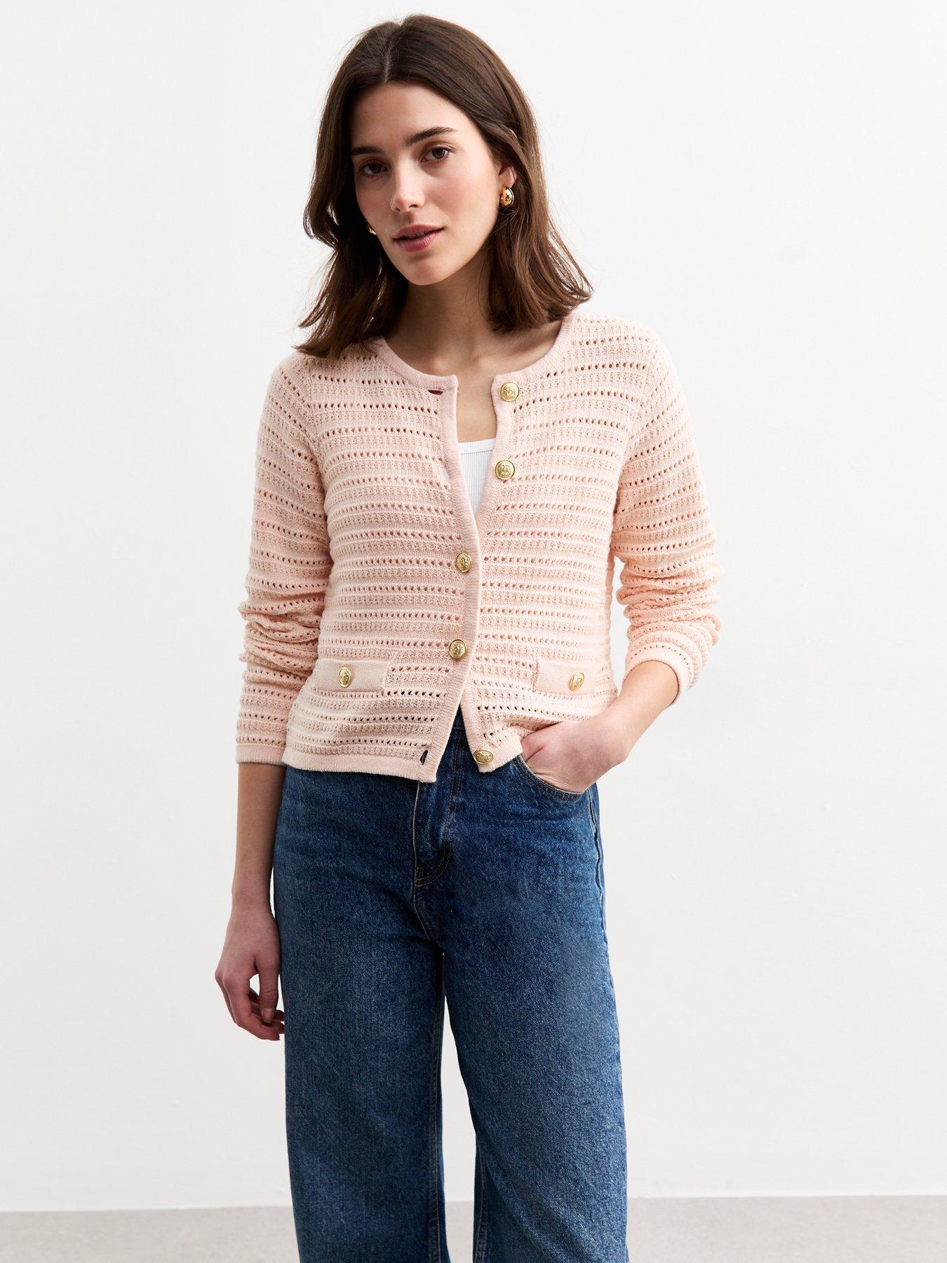 Image 1 of 5 of New Look Open Knit Button Detail Cardigan - Pink