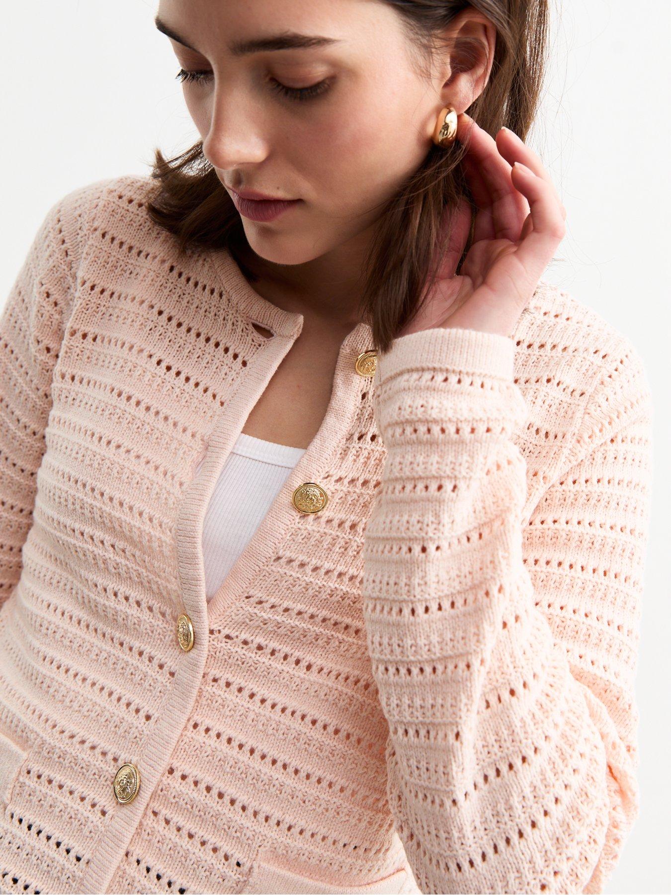 Image 4 of 5 of New Look Open Knit Button Detail Cardigan - Pink