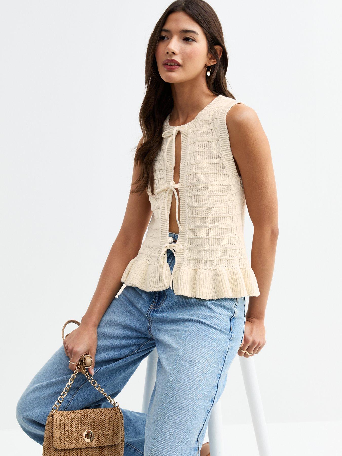 undefined Cream Tie Front Sleeveless Cardigan