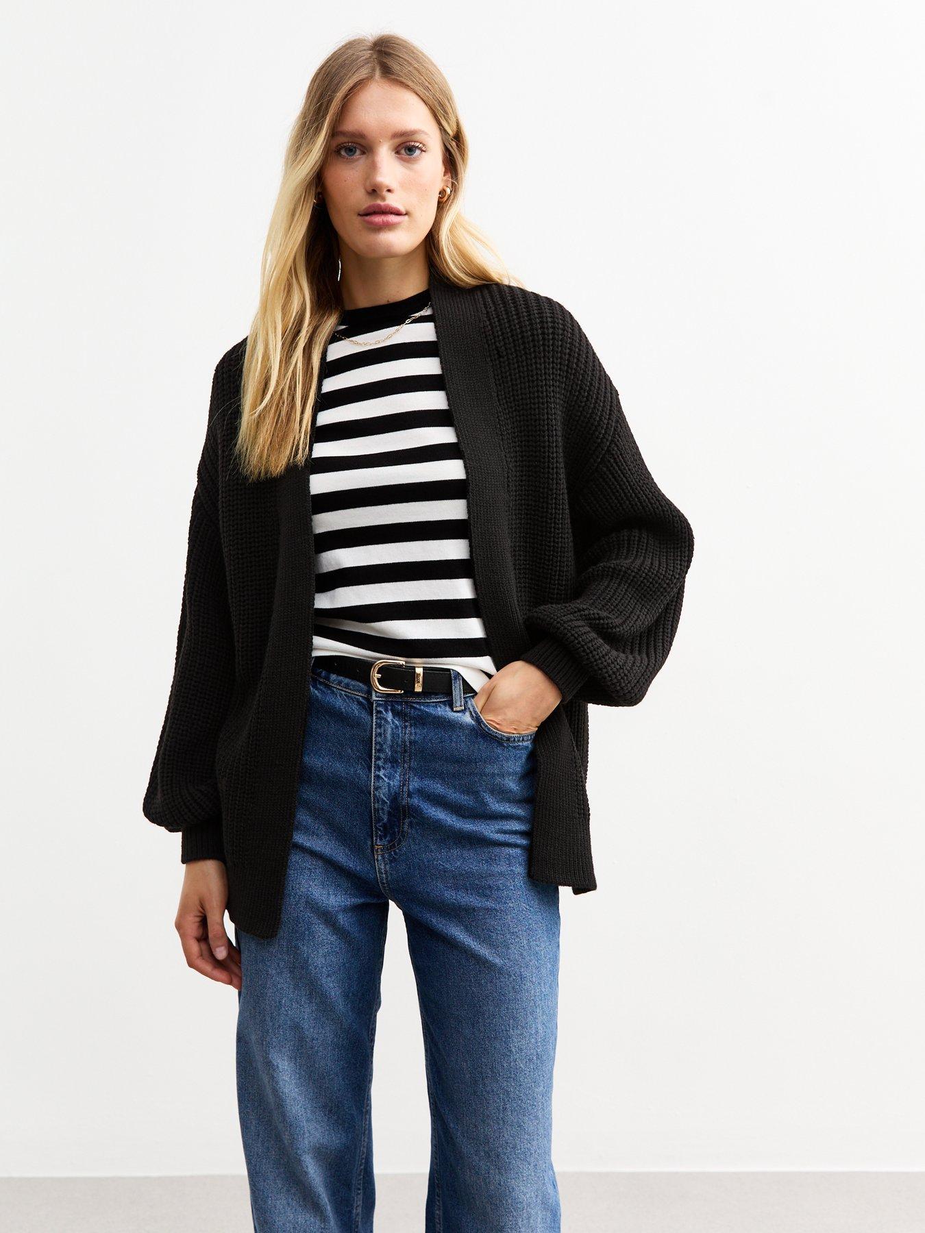 undefined Black Chunky Knit Balloon Sleeve Cardigan