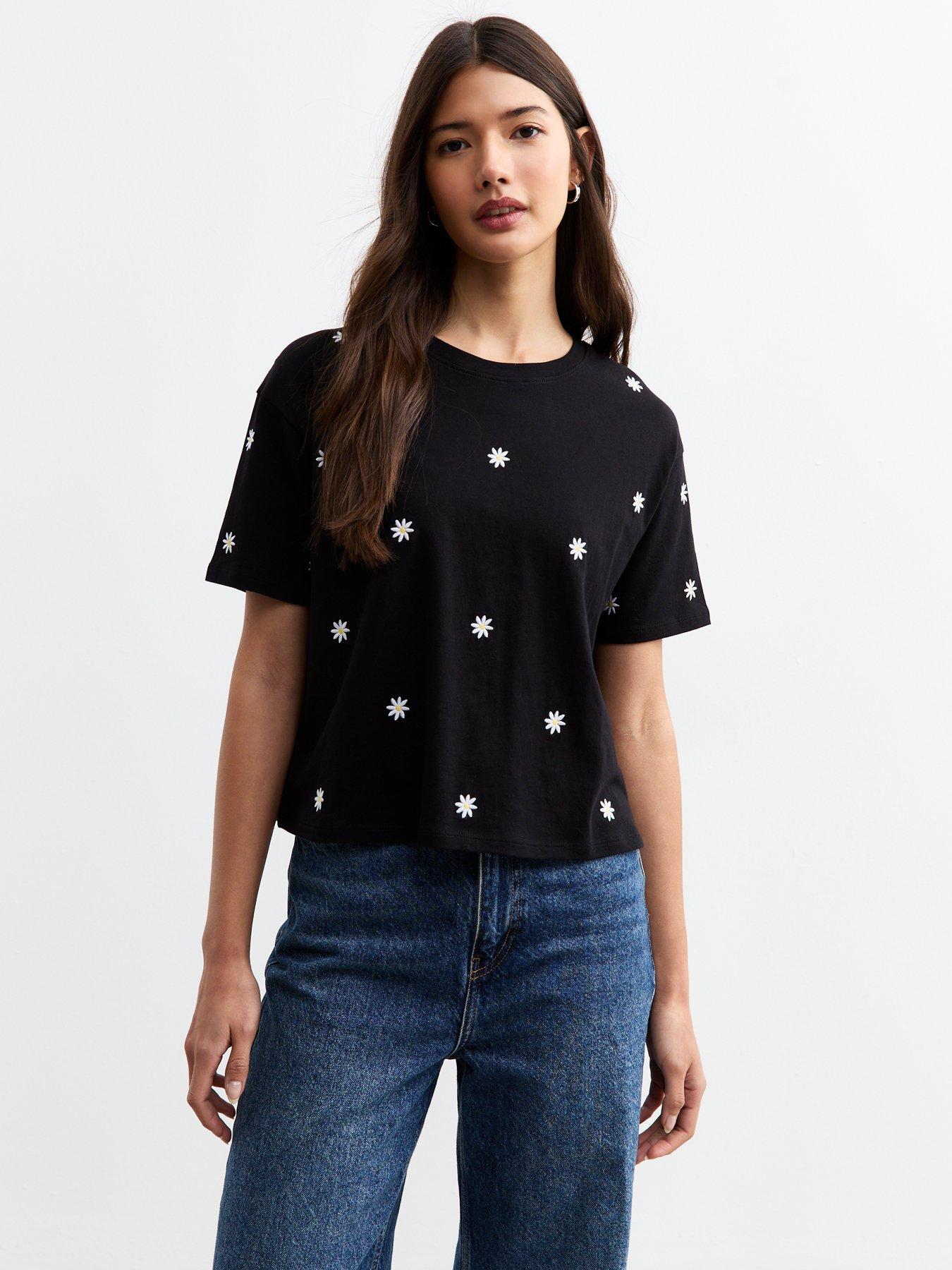 undefined Black Daisy Embroidered Relaxed T-shirt