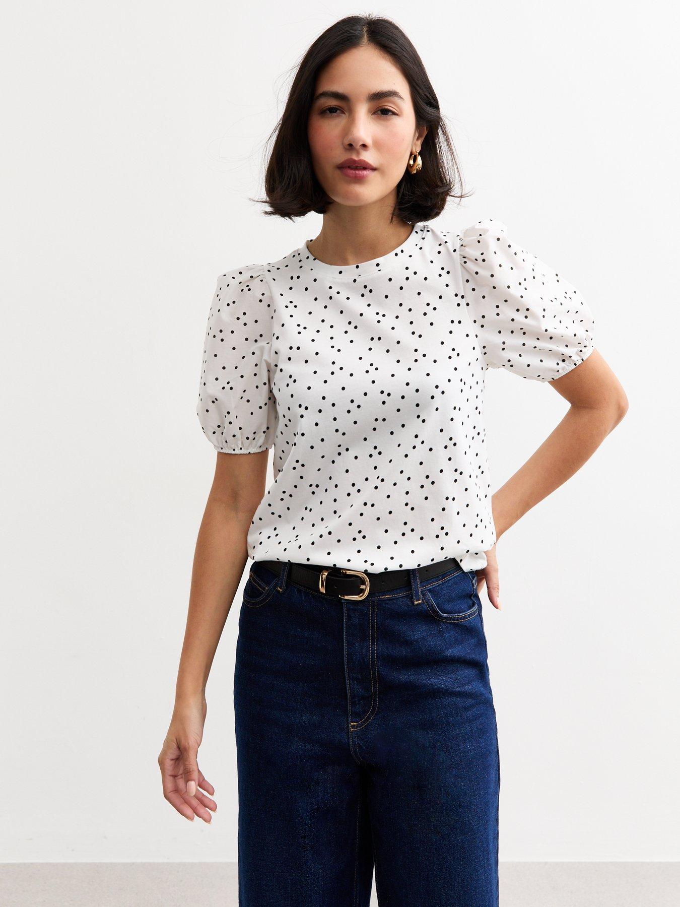 undefined White Spot Print Puff Sleeve Top