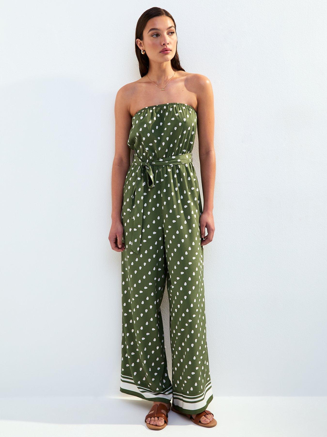 undefined Green Polka Dot Print Beach Jumpsuit
