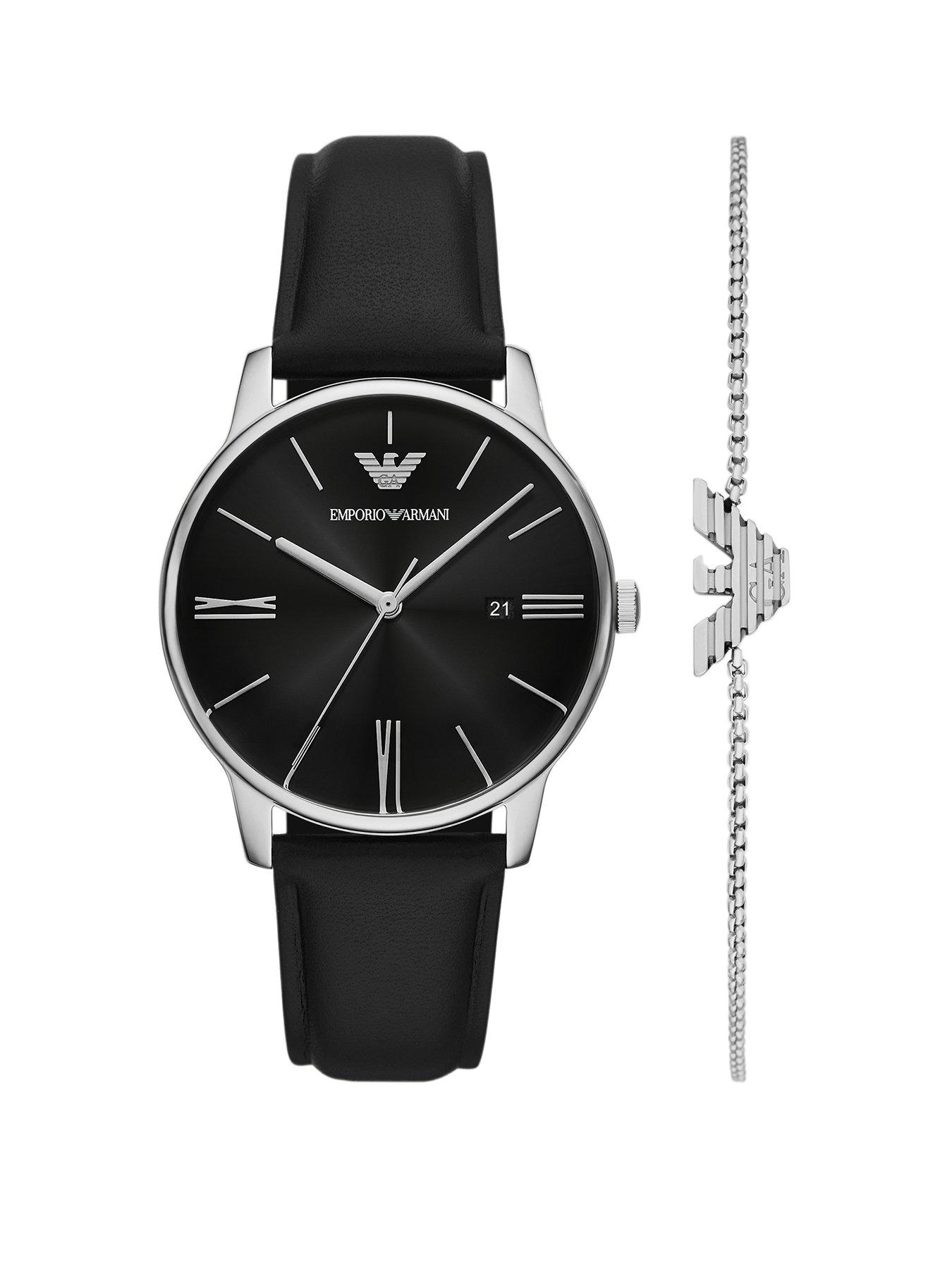 undefined 3-Hand Date Black Leather Watch and Bracelet Set