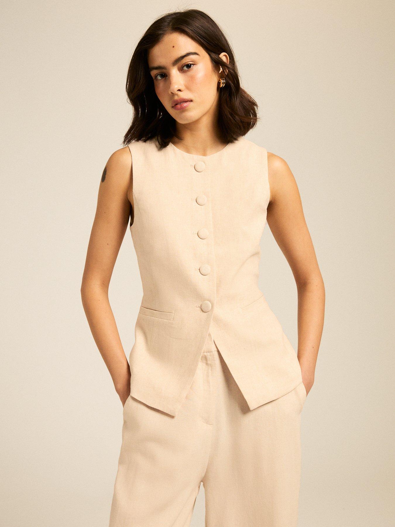 undefined Cream Crew Neck Linen Blend Waistcoat - Beige