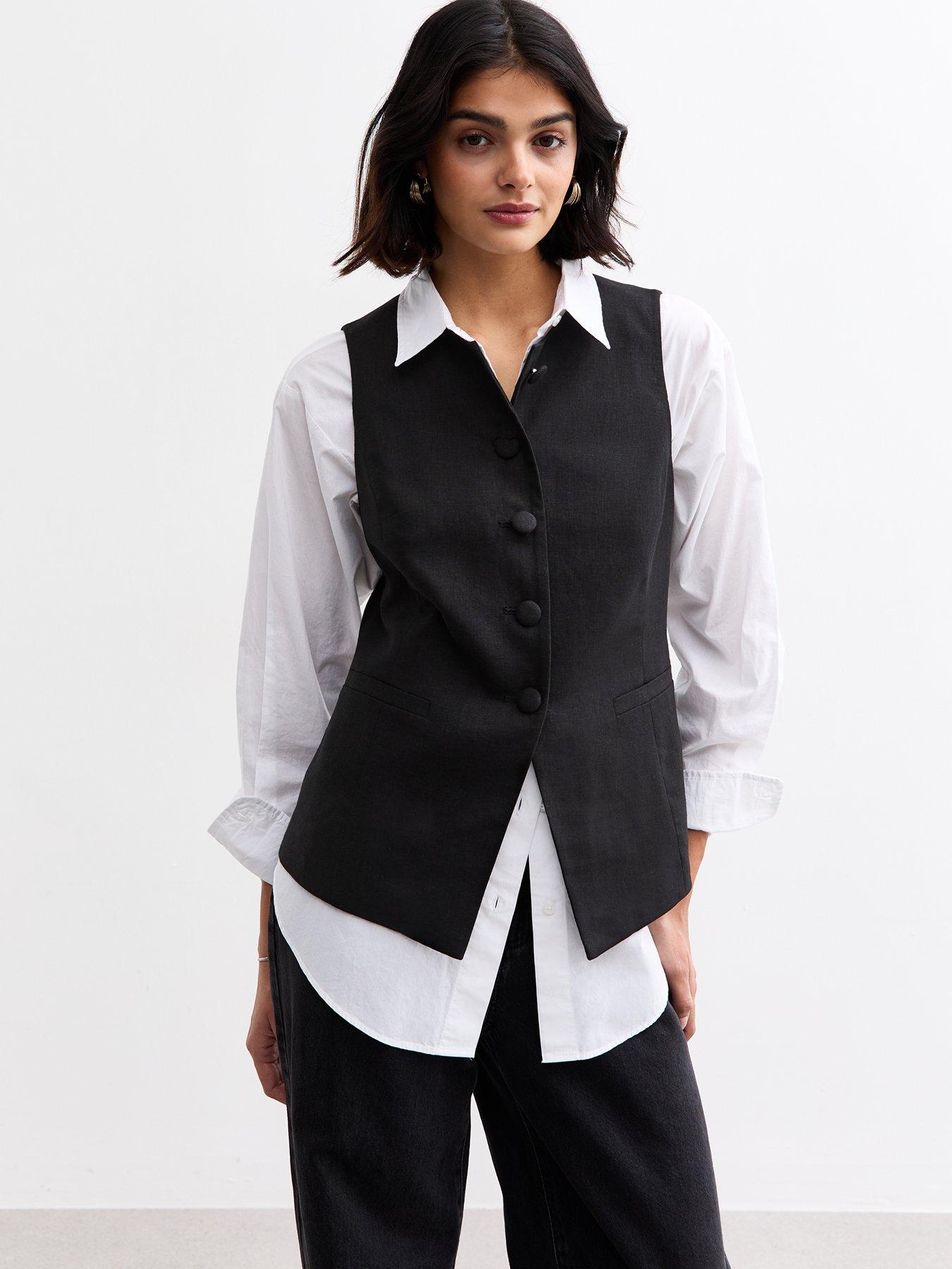 undefined Black Crew Neck Linen Blend Waistcoat