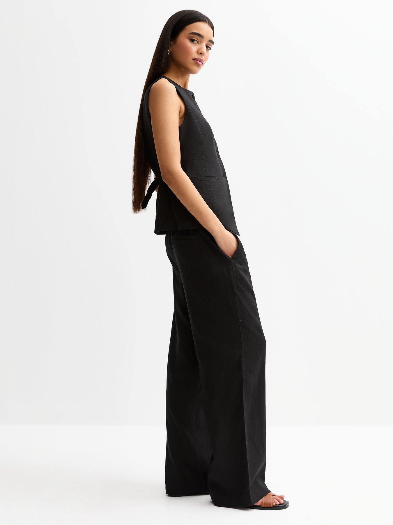 undefined Black Khaki Linen Blend Wide Leg Trousers