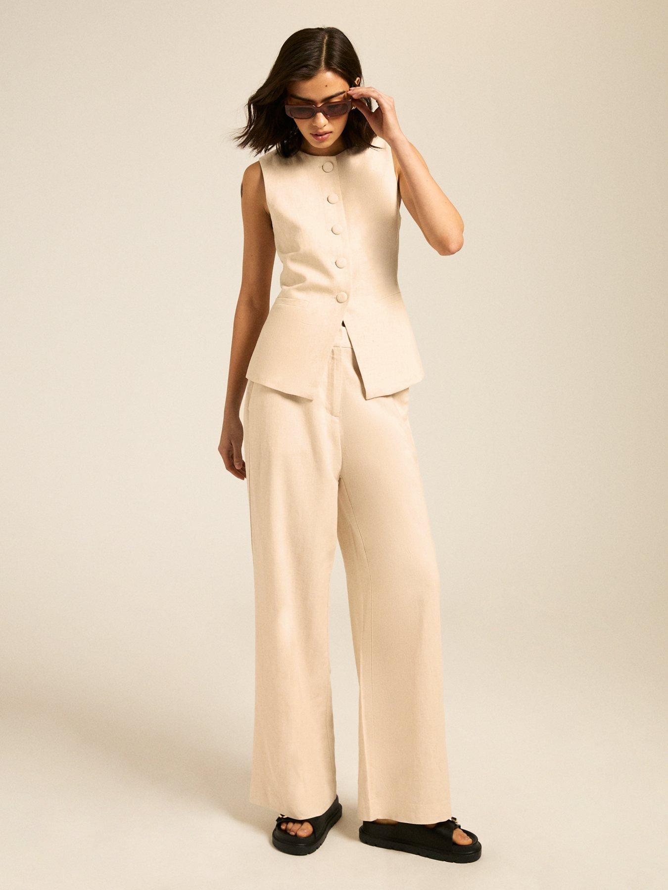 undefined Stone Linen Blend Wide Leg Trousers