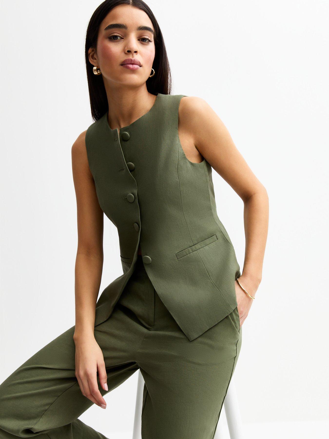 undefined Dark Khaki Linen Blend Wide Leg Trousers
