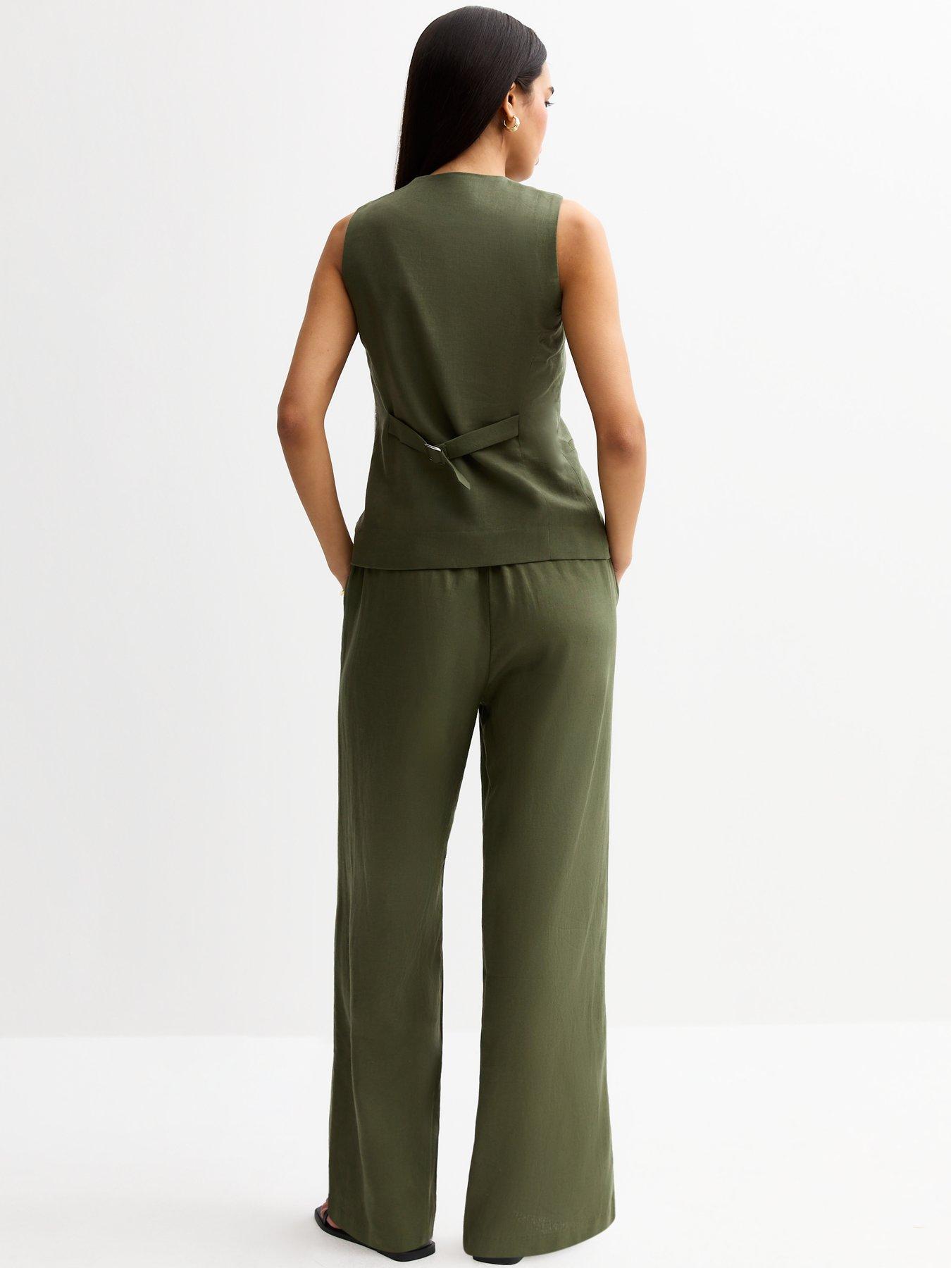 Image 2 of 3 of New Look Dark Khaki Linen Blend Wide Leg Trousers