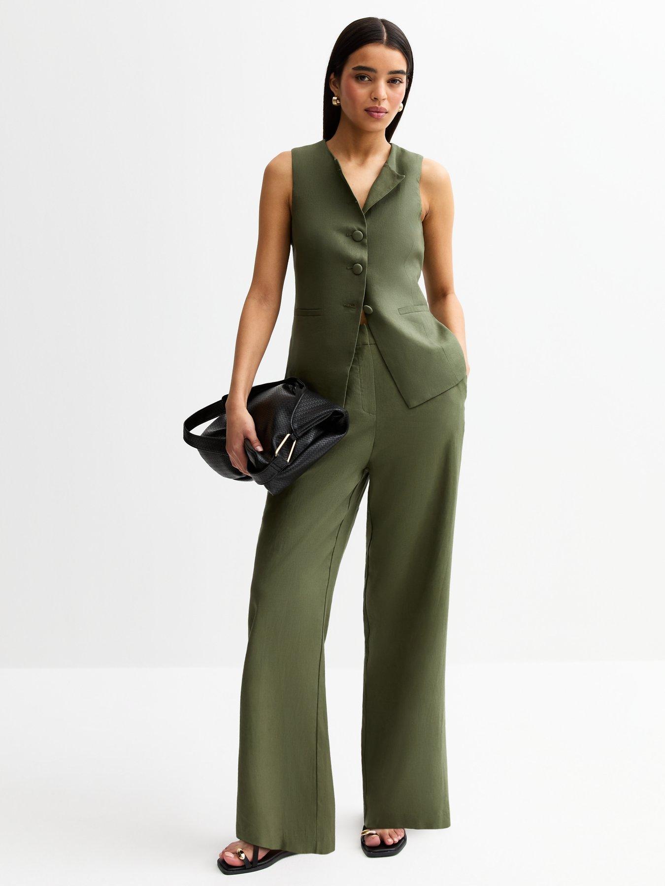 Image 3 of 3 of New Look Dark Khaki Linen Blend Wide Leg Trousers