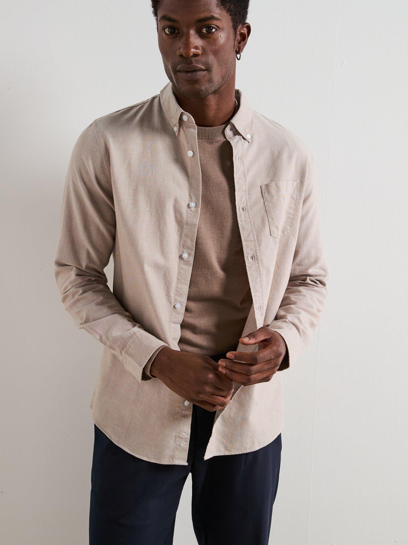 undefined Long Sleeve Button Down Oxford Shirt - Beige