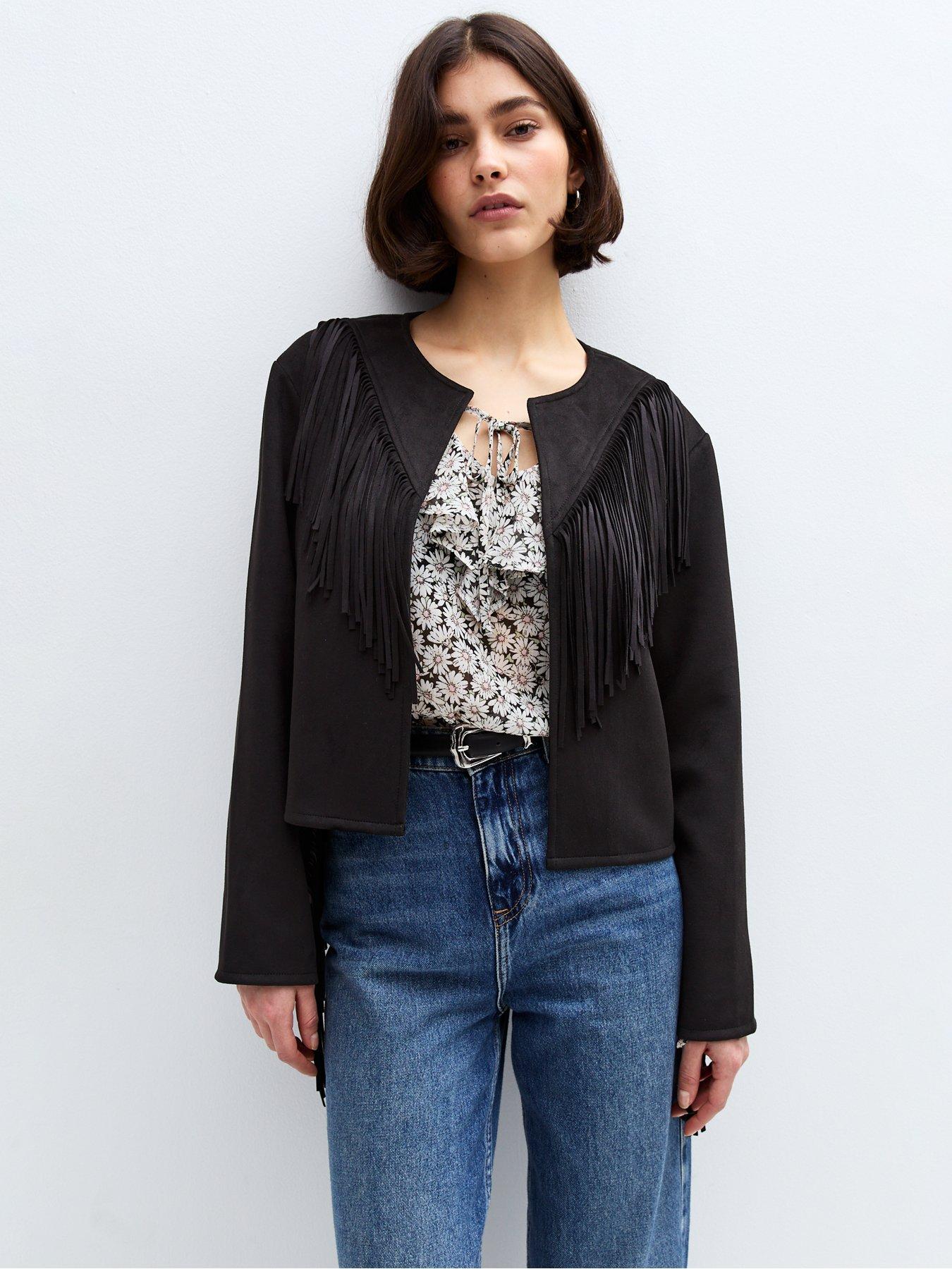 Image 1 of 6 of New Look Suede Fringe Collarless Jacket - Black