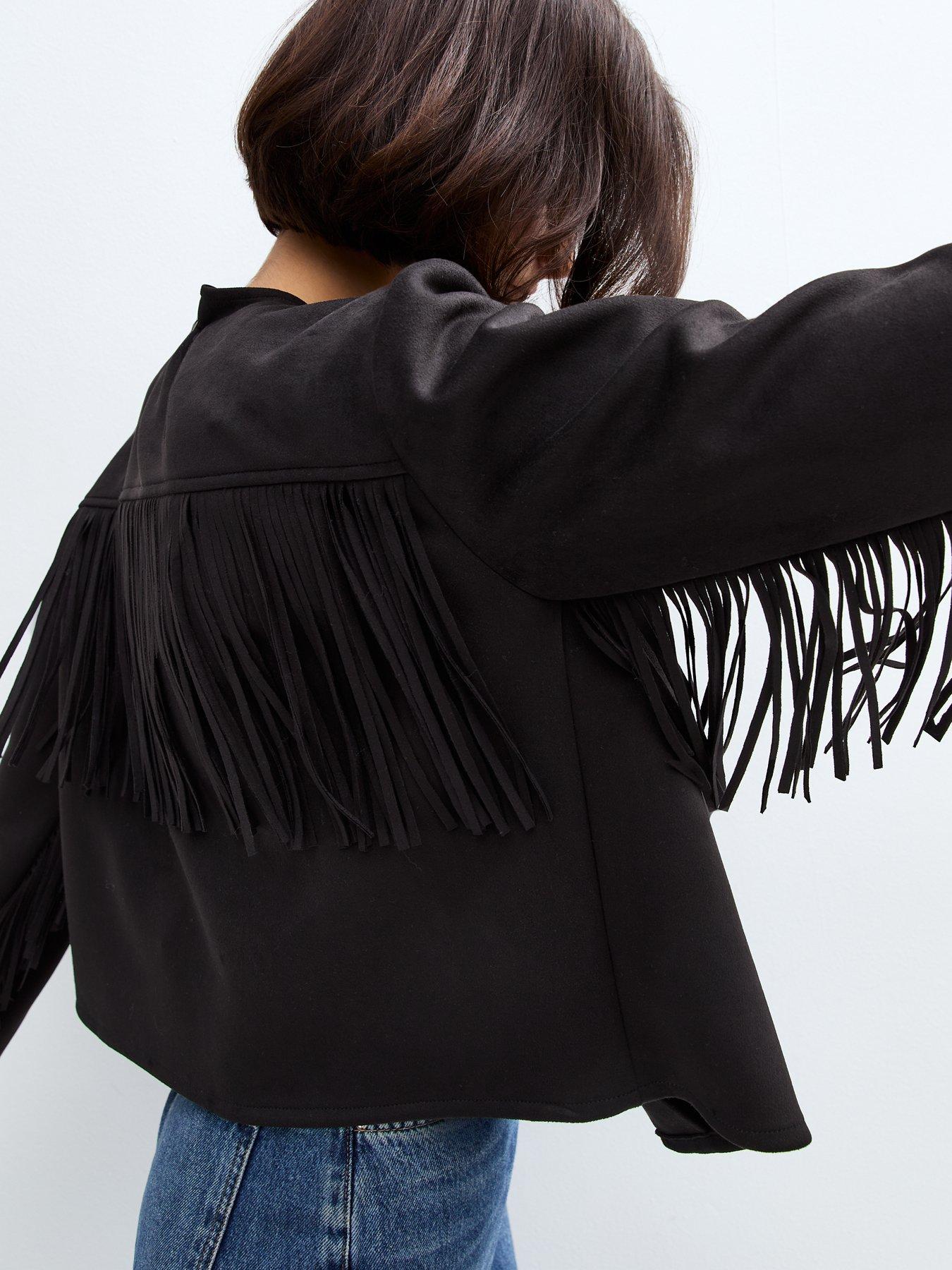 Image 2 of 6 of New Look Suede Fringe Collarless Jacket - Black