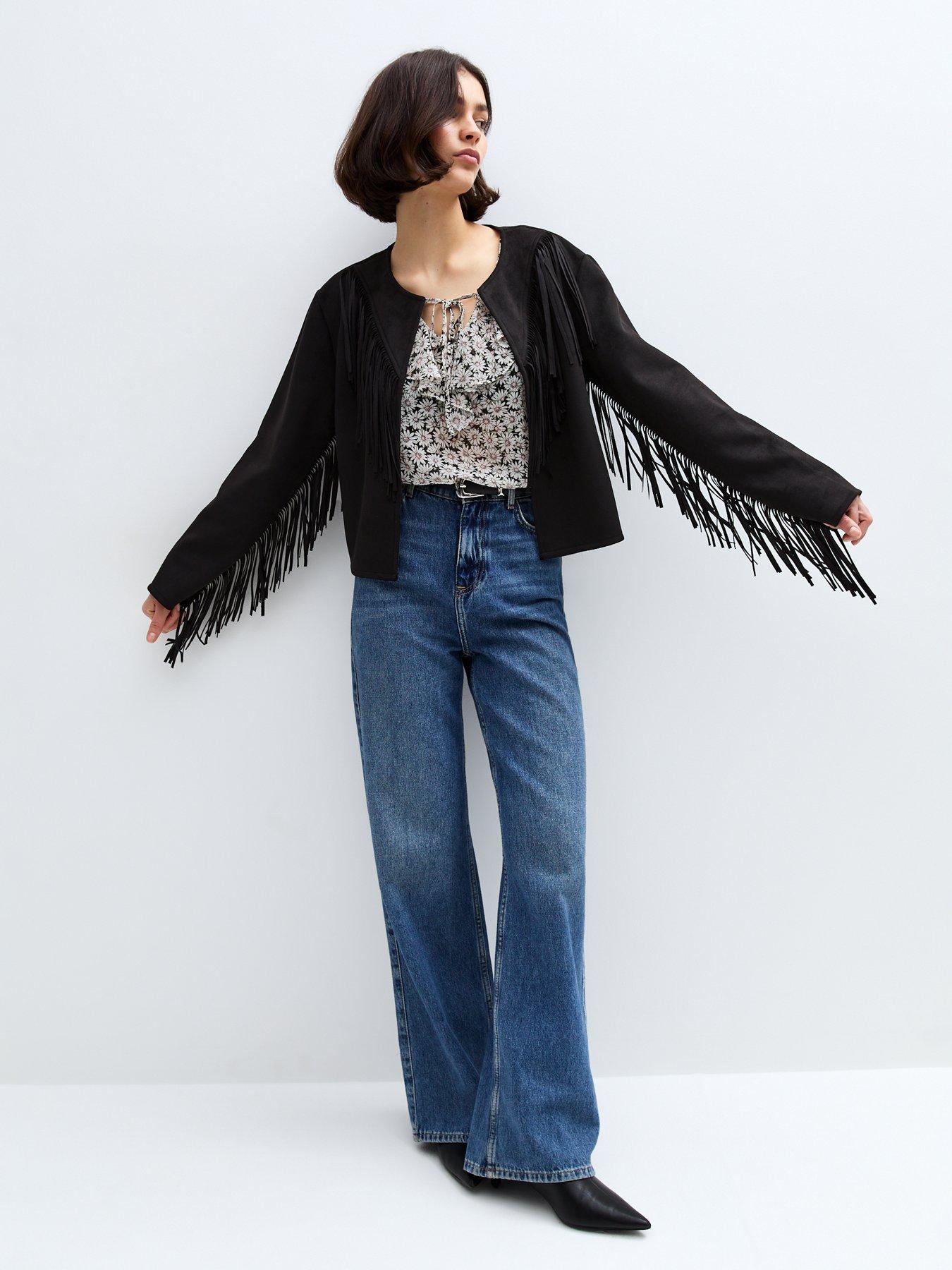 Image 3 of 6 of New Look Suede Fringe Collarless Jacket - Black