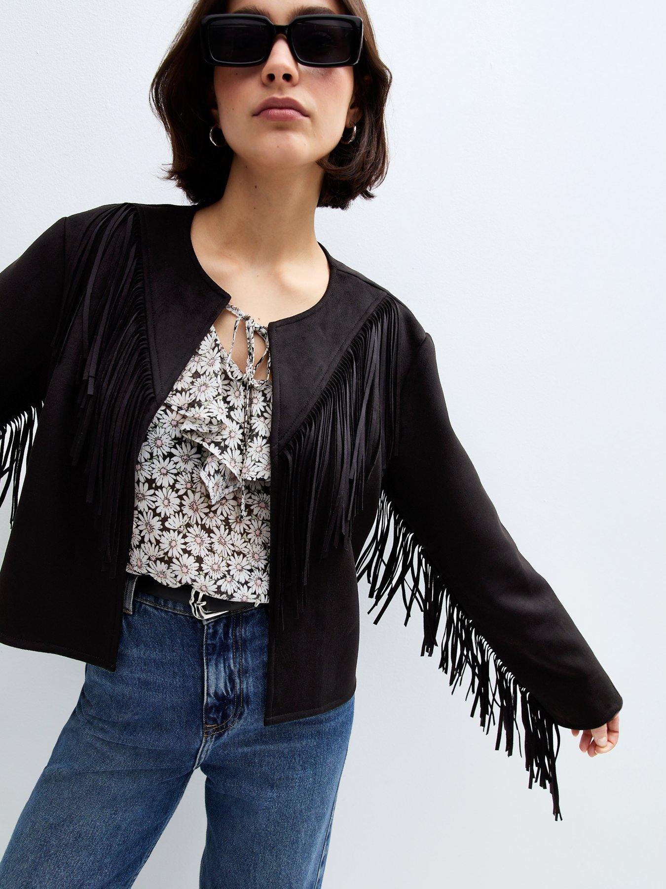 Image 4 of 6 of New Look Suede Fringe Collarless Jacket - Black