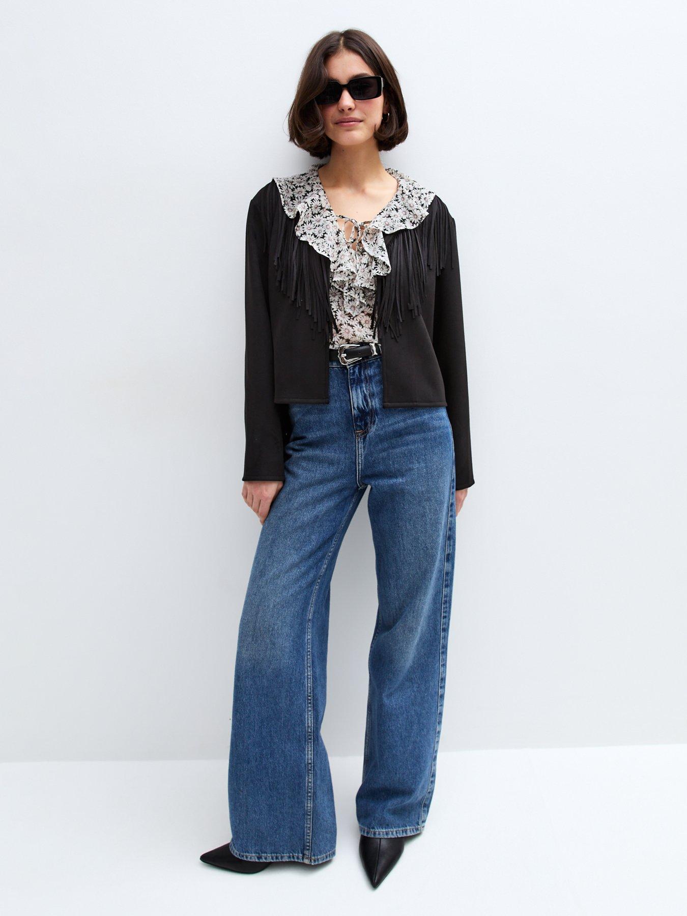 Image 5 of 6 of New Look Suede Fringe Collarless Jacket - Black