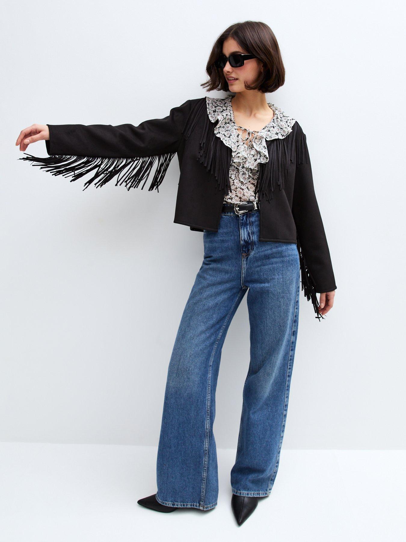 Image 6 of 6 of New Look Suede Fringe Collarless Jacket - Black