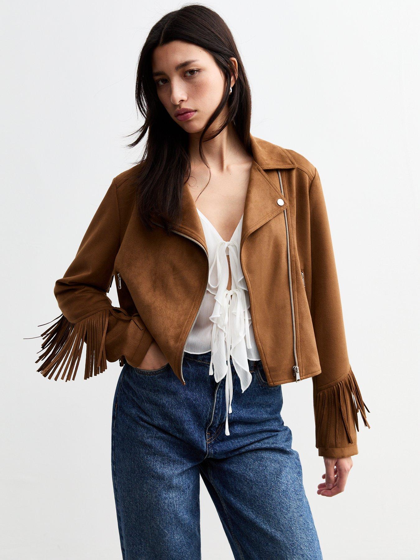 undefined Tan Fringe Trimmed Faux Suede Jacket