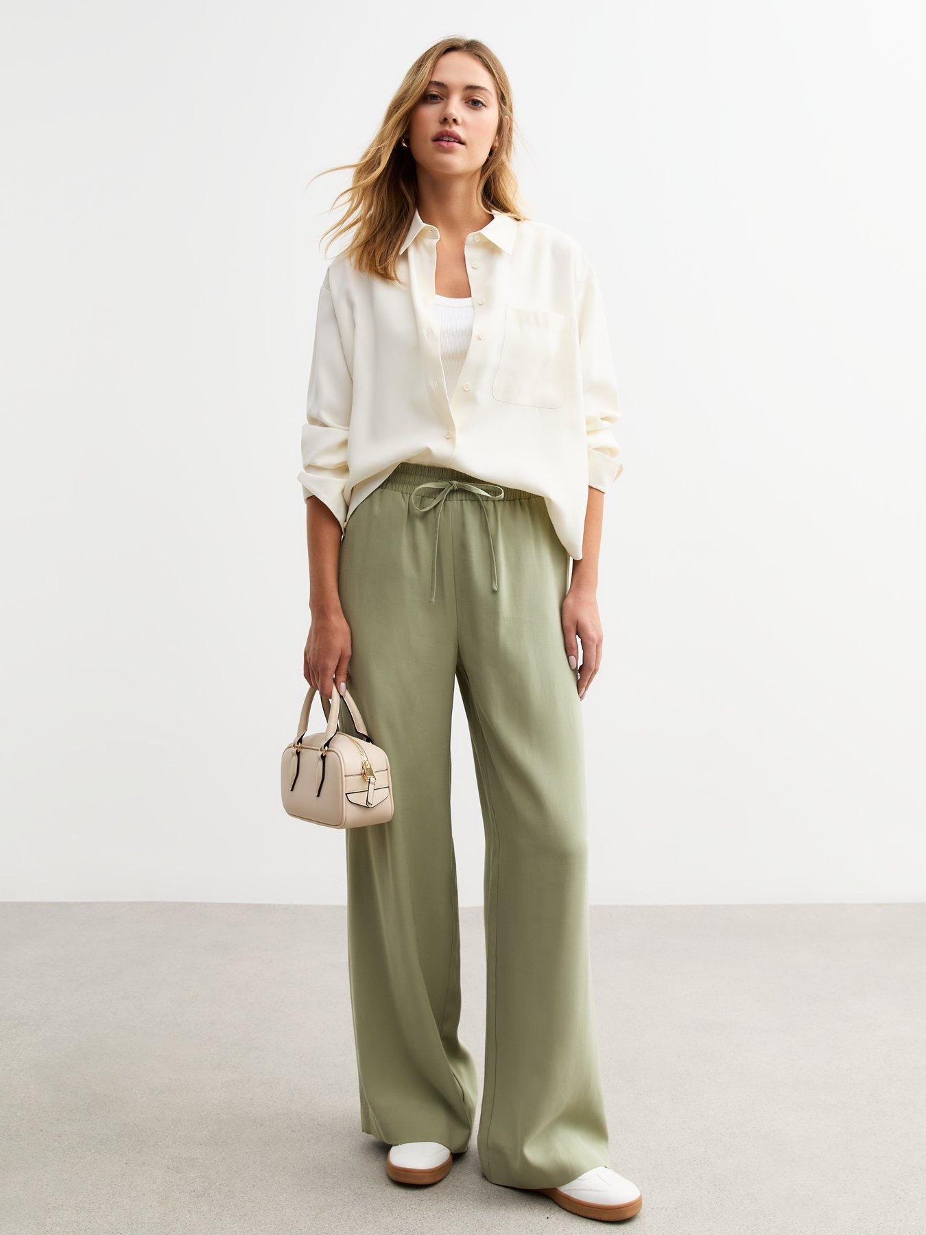undefined Olive Drawstring Wide Leg Trousers - Green