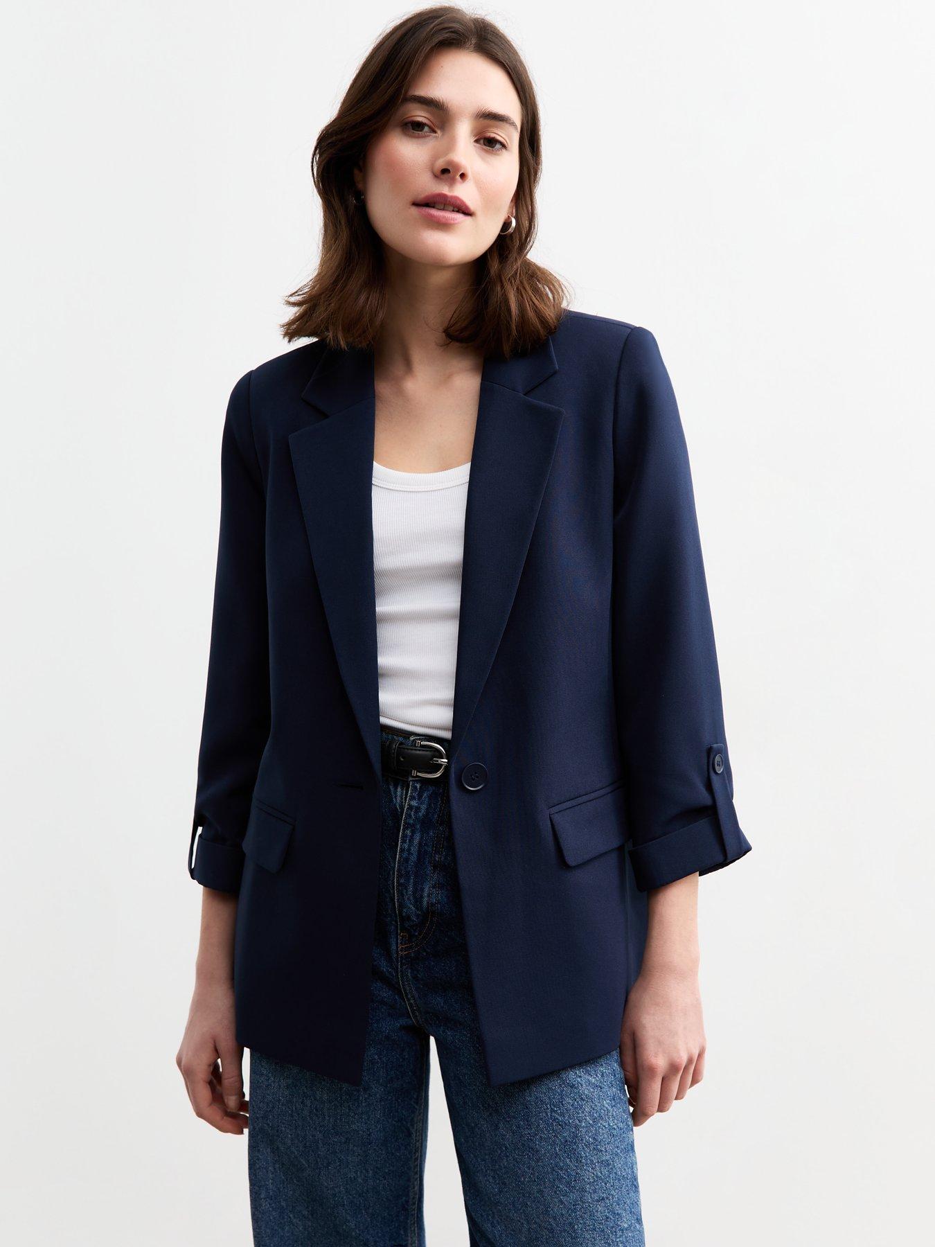 Image 1 of 5 of New Look Navy Cropped Sleeve Blazer