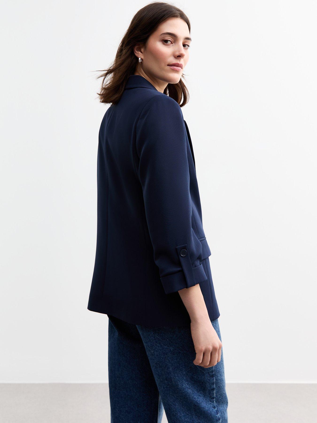 Image 2 of 5 of New Look Navy Cropped Sleeve Blazer